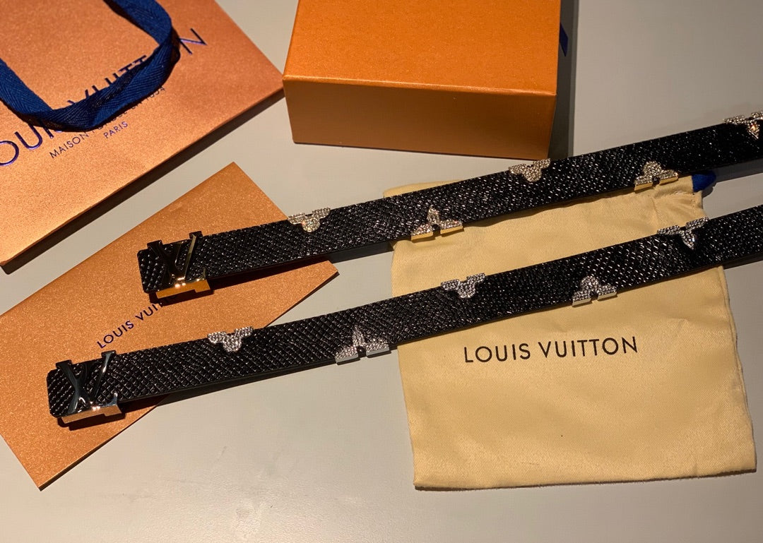 Luxury Designer Black Textured Leather Belt with Gold LV Initial Buckle and Floral Monogram Embellishments