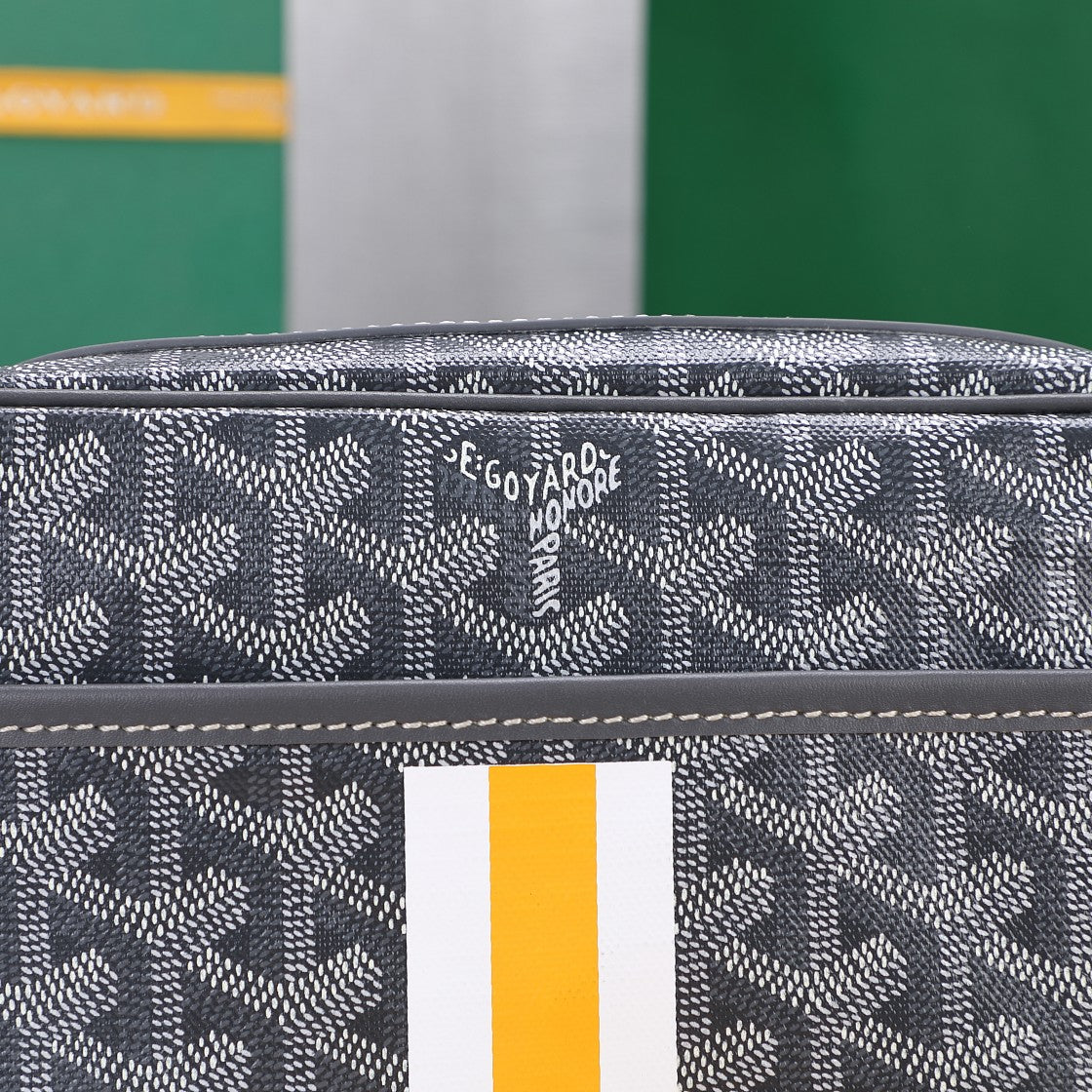 Gogy Grey Chevron Pattern Crossbody Camera Bag with Yellow Stripe Detail