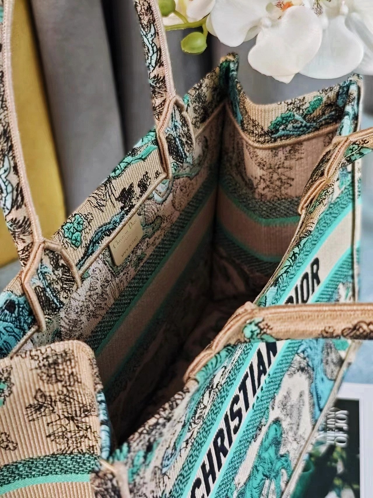 Dior Vintage Green Jungle Animal Embroidered Canvas Tote Handbag