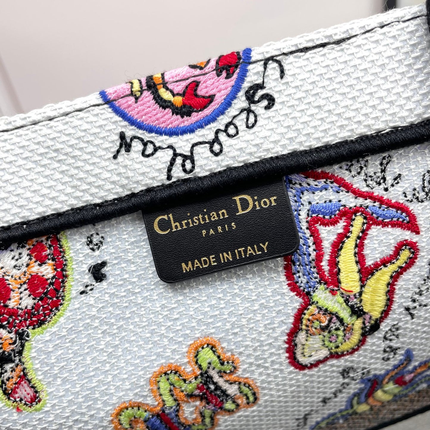 Dior Colorful Cartoon Animal Print Canvas Tote Bag with Top Handles