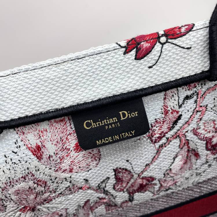 Dior Red Butterfly Floral Embroidered Canvas Large Tote Handbag