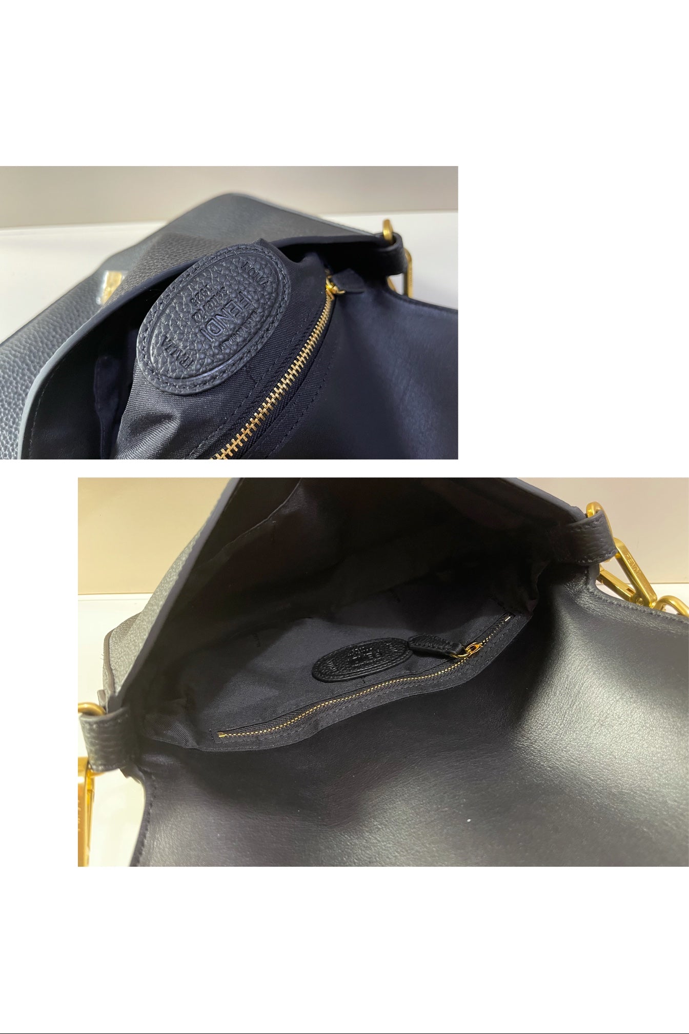 Fendi Black Leather Baguette Shoulder Bag with Gold-Tone FF Logo