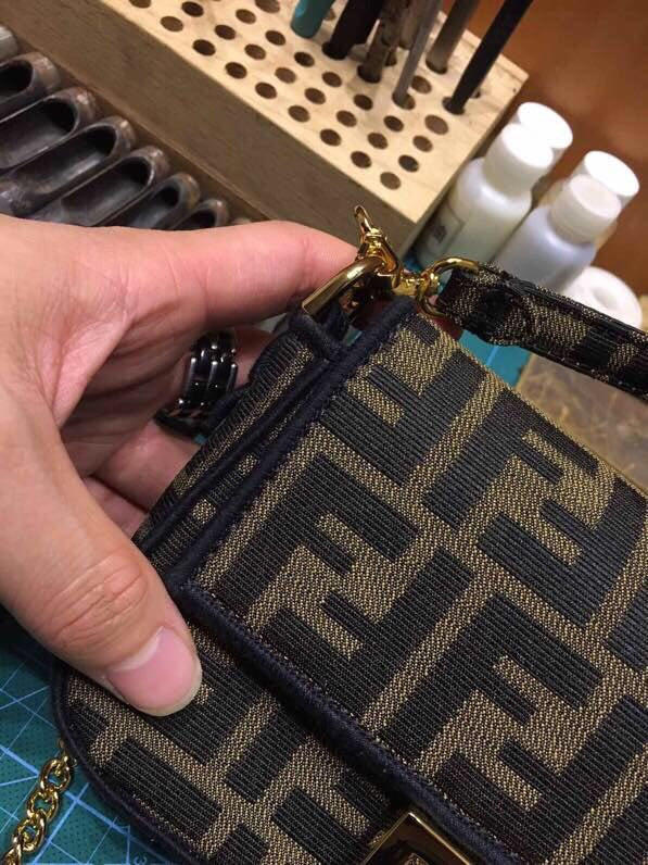 Fendi Mini Baguette Bag in Zucca Monogram Canvas with Gold Hardware