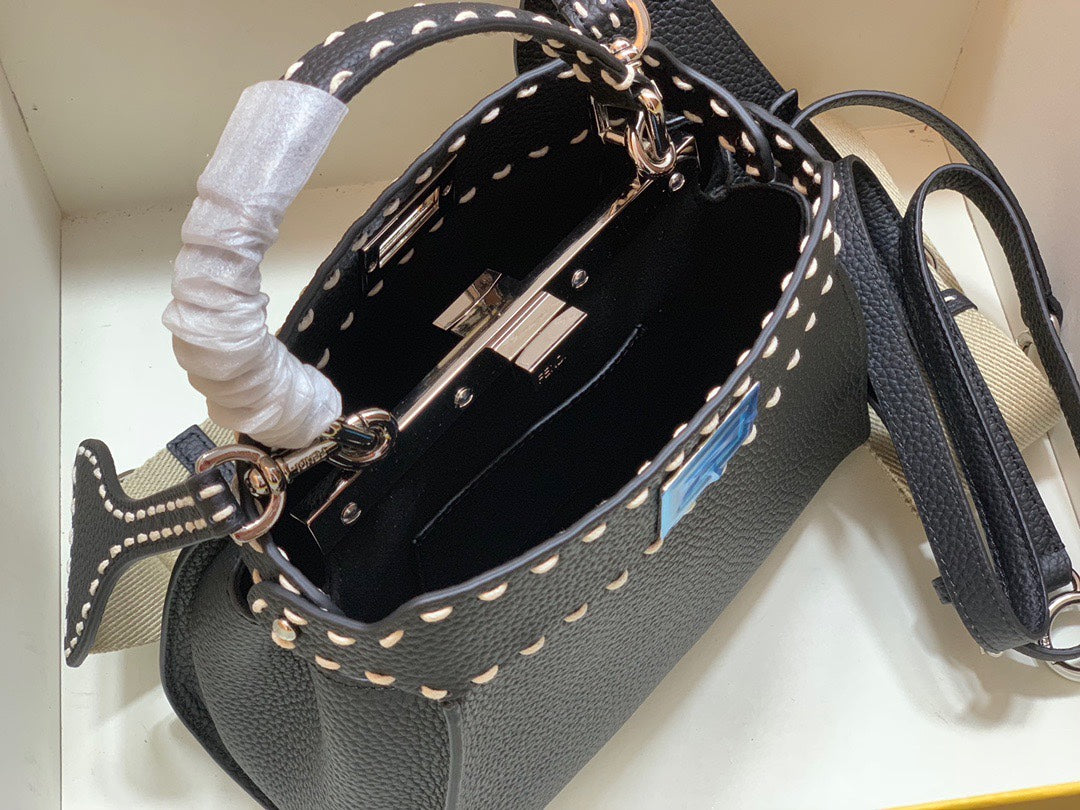 Fendi Black Leather Peekaboo ISeeU Handbag with FF Logo Strap & Mini Pouch