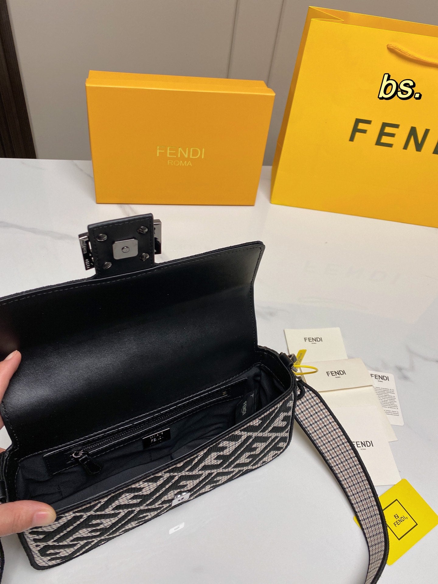 Fendi Baguette FF Monogram Shoulder Bag - Black & White Fabric with Wide Strap