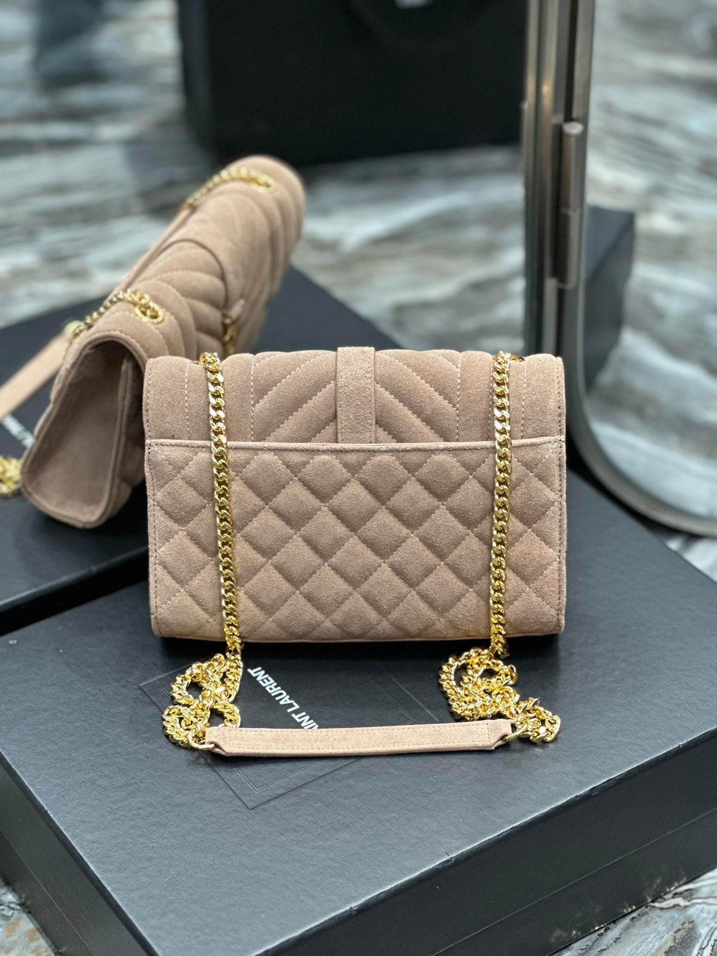 Saint Laurent Envelope Medium Chain Bag in Quilted Suede - Beige