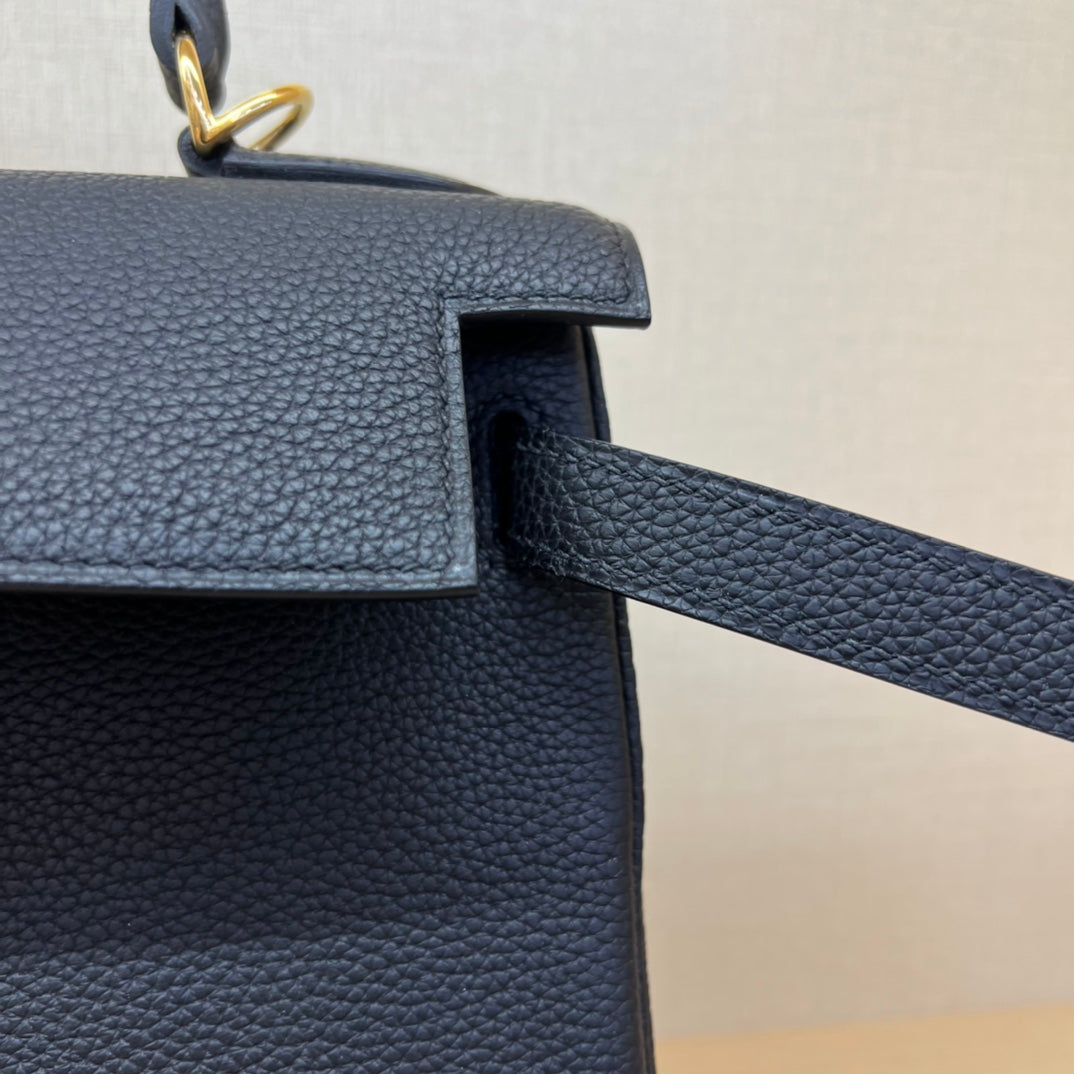 Luxury Two-Tone Leather Top Handle Handbag - Navy Blue & Beige with Gold Hardware