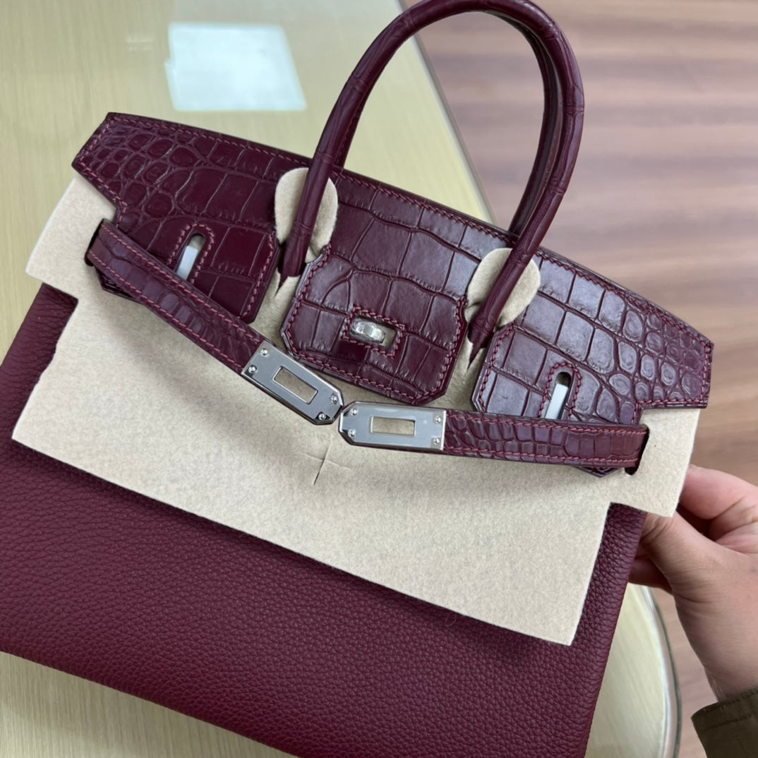 Elegant Two-Tone Burgundy & Cream Crocodile Embossed Top Handle Handbag