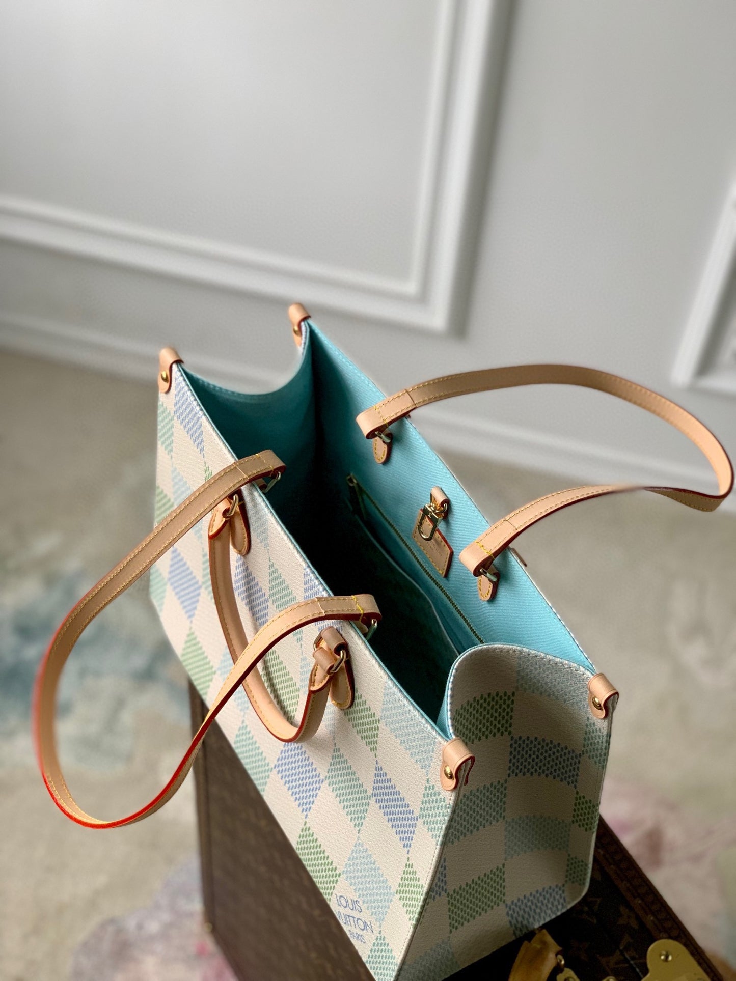 Louis Vuitton Pastel Checkered Pattern Canvas Tote Bag with Top Handles