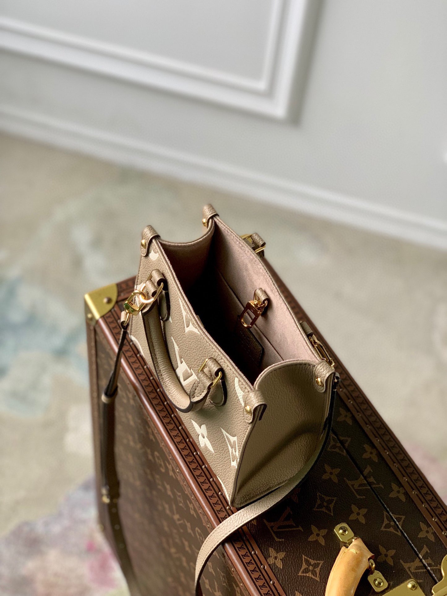 Louis Vuitton Elegant Taupe Embossed Leather Mini Tote Bag with Top Handles