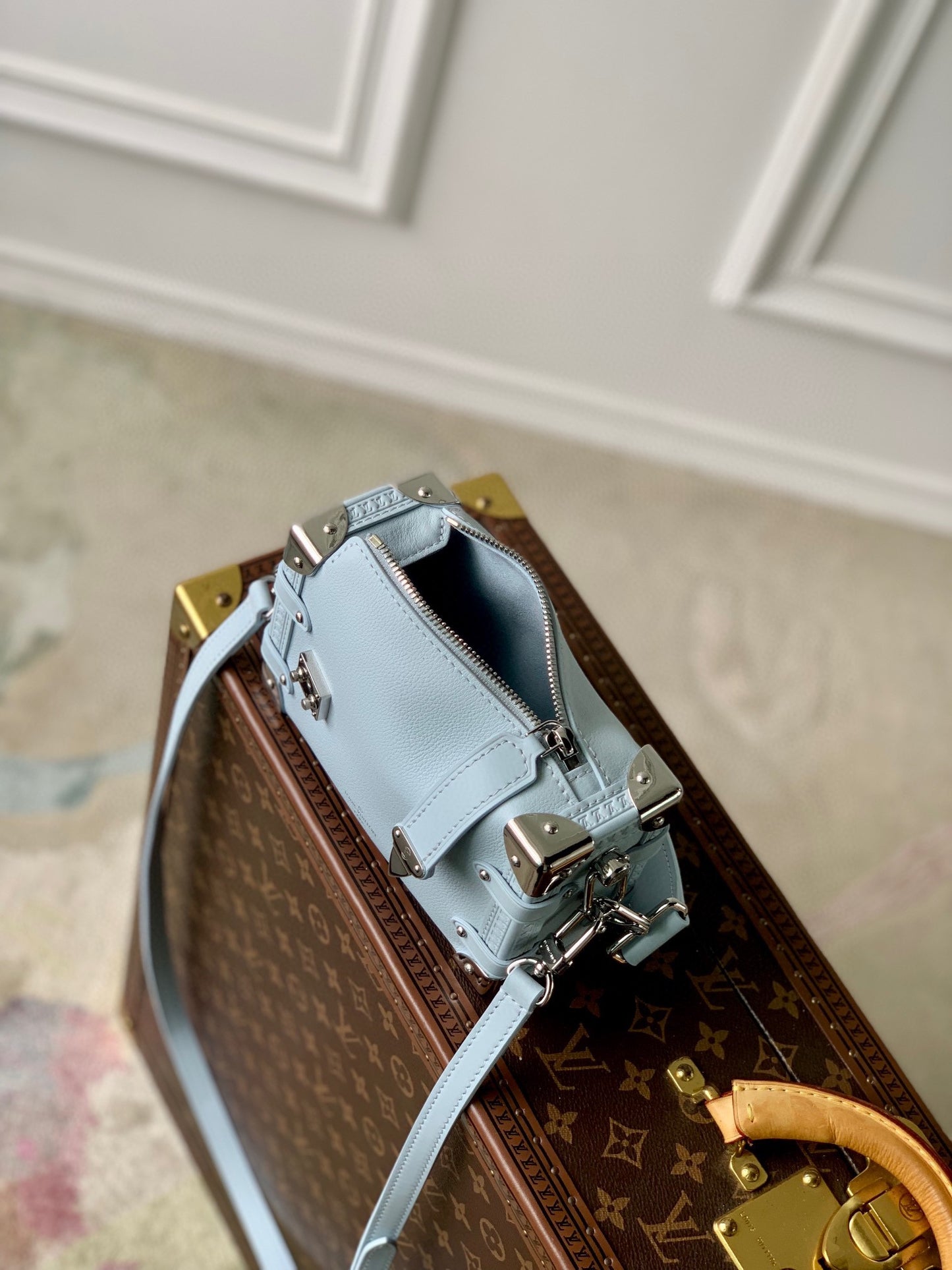 Luxury Mini Trunk Crossbody Bag - Light Blue Leather with Silver Hardware