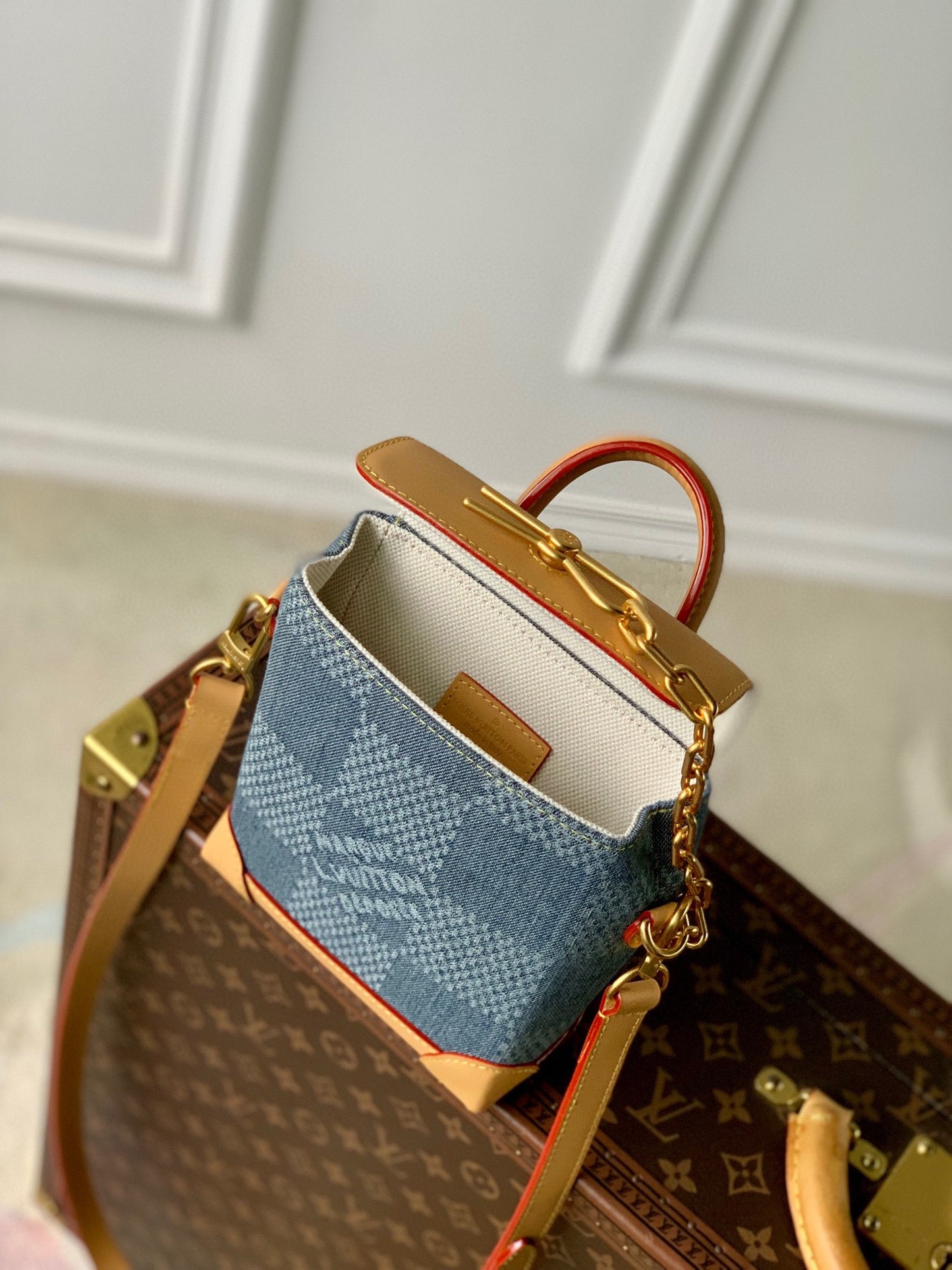 Louis Vuitton Mini Blue Denim Checkered Shoulder Bag with Tan Leather Trim