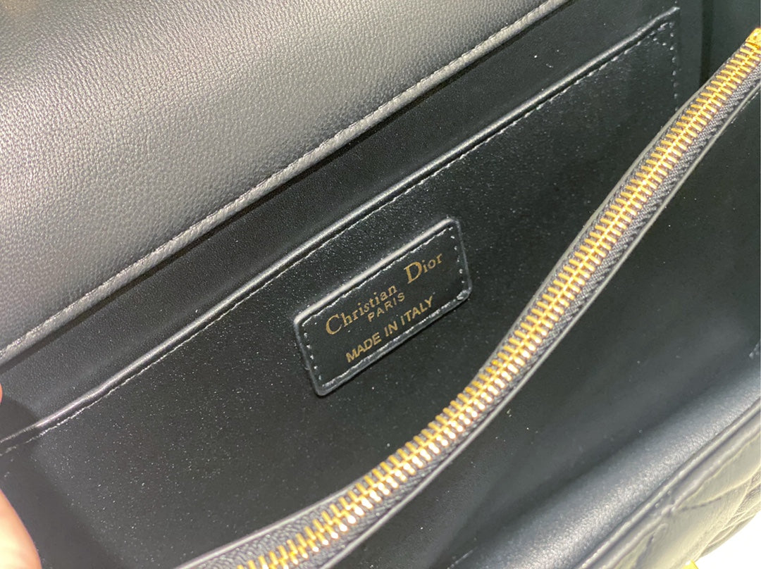 Dior Elegant Navy Blue Quilted Leather Top Handle Bag with Gold Chain