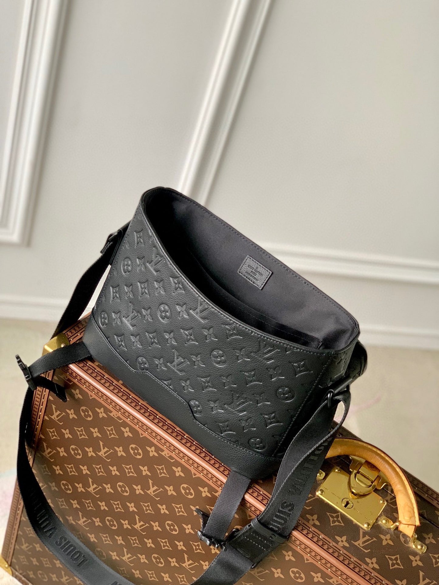 Louis Vuitton Black Embossed Monogram Leather Crossbody Messenger Bag