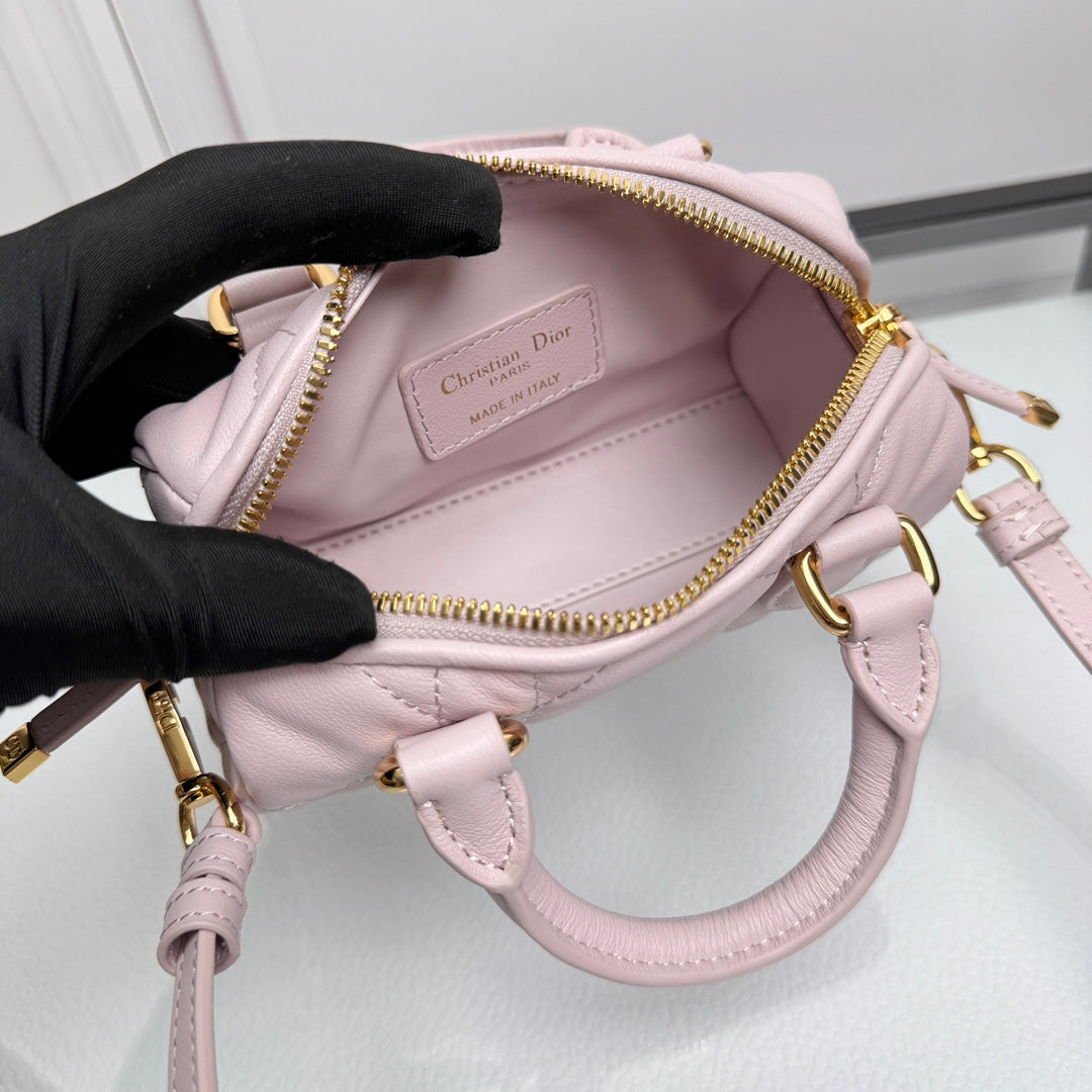 Dior Quilted Leather Mini Barrel Bag with Top Handle and Crossbody Strap