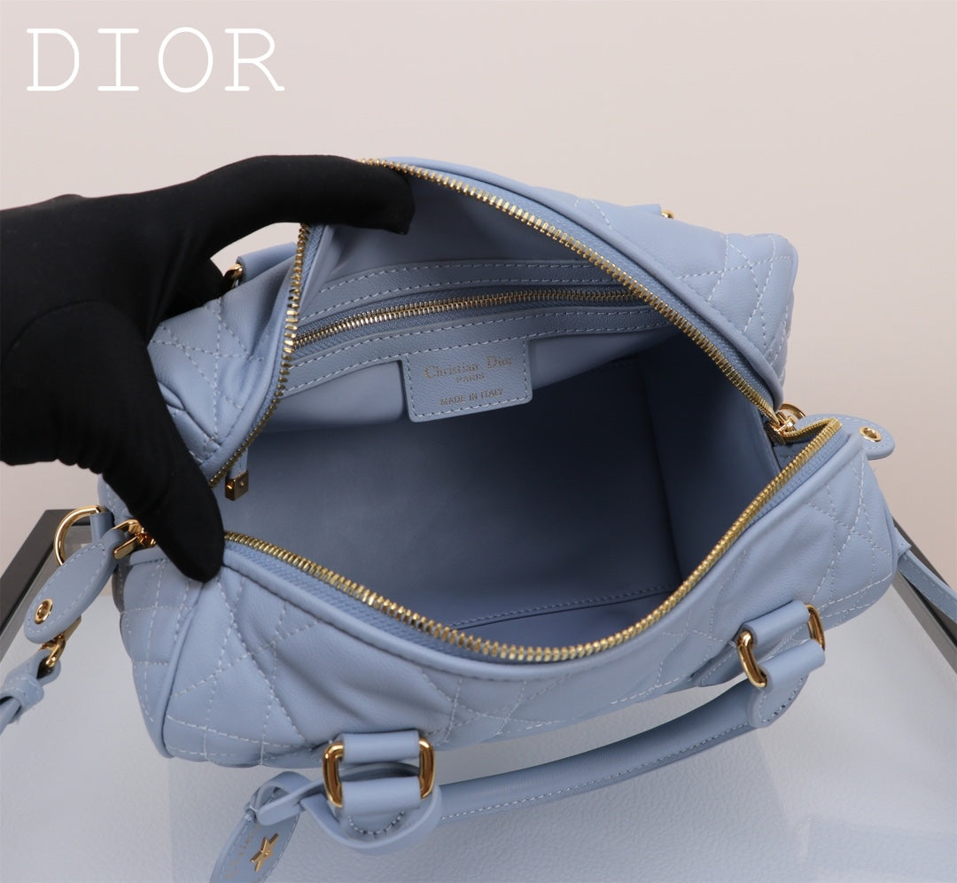 Dior Light Blue Quilted Leather Handbag with Top Handles and Shoulder Strap