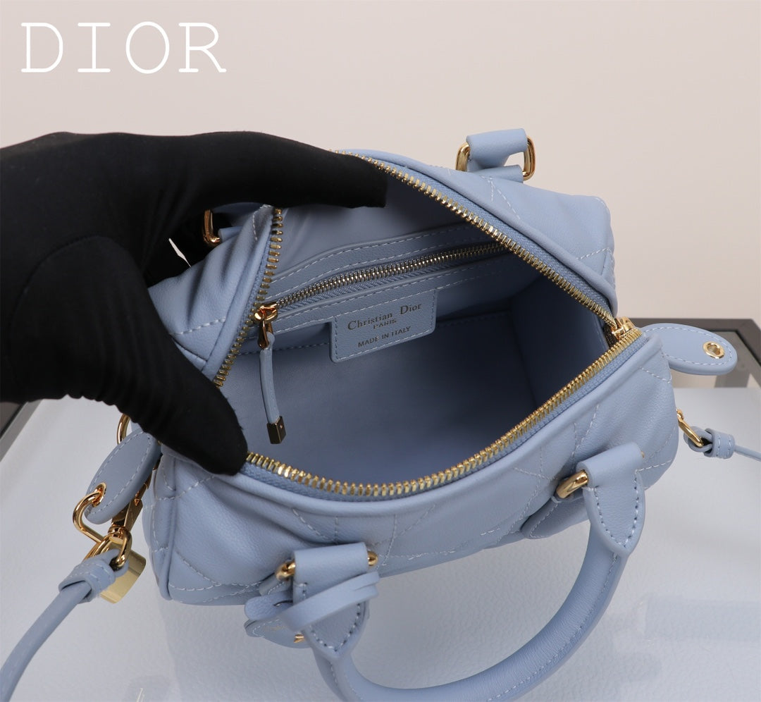 Dior Caro Small Bowling Bag - Light Blue Macrocannage Leather