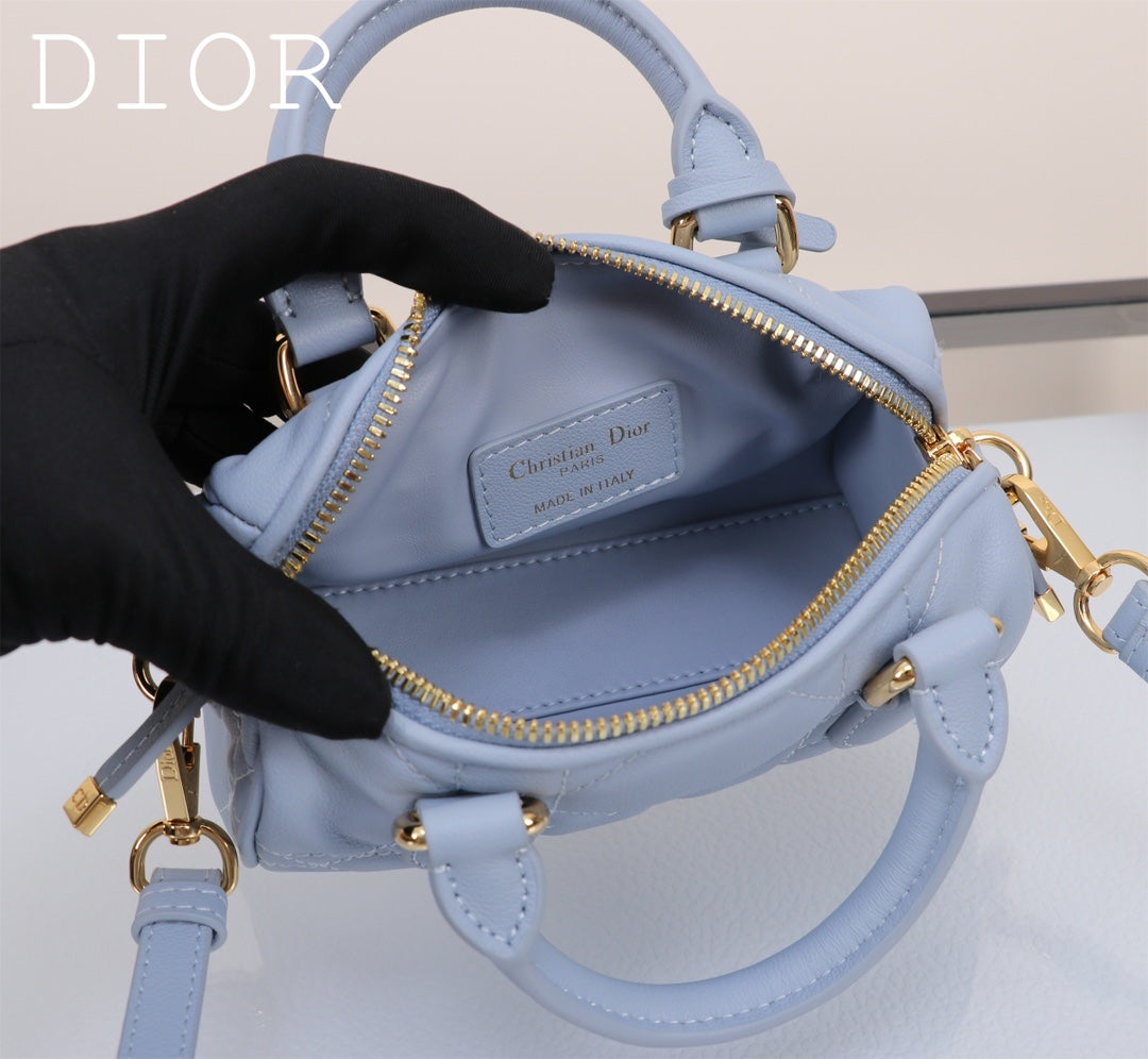 Dior Light Blue Quilted Leather Mini Bowling Handbag with Gold Star Charm