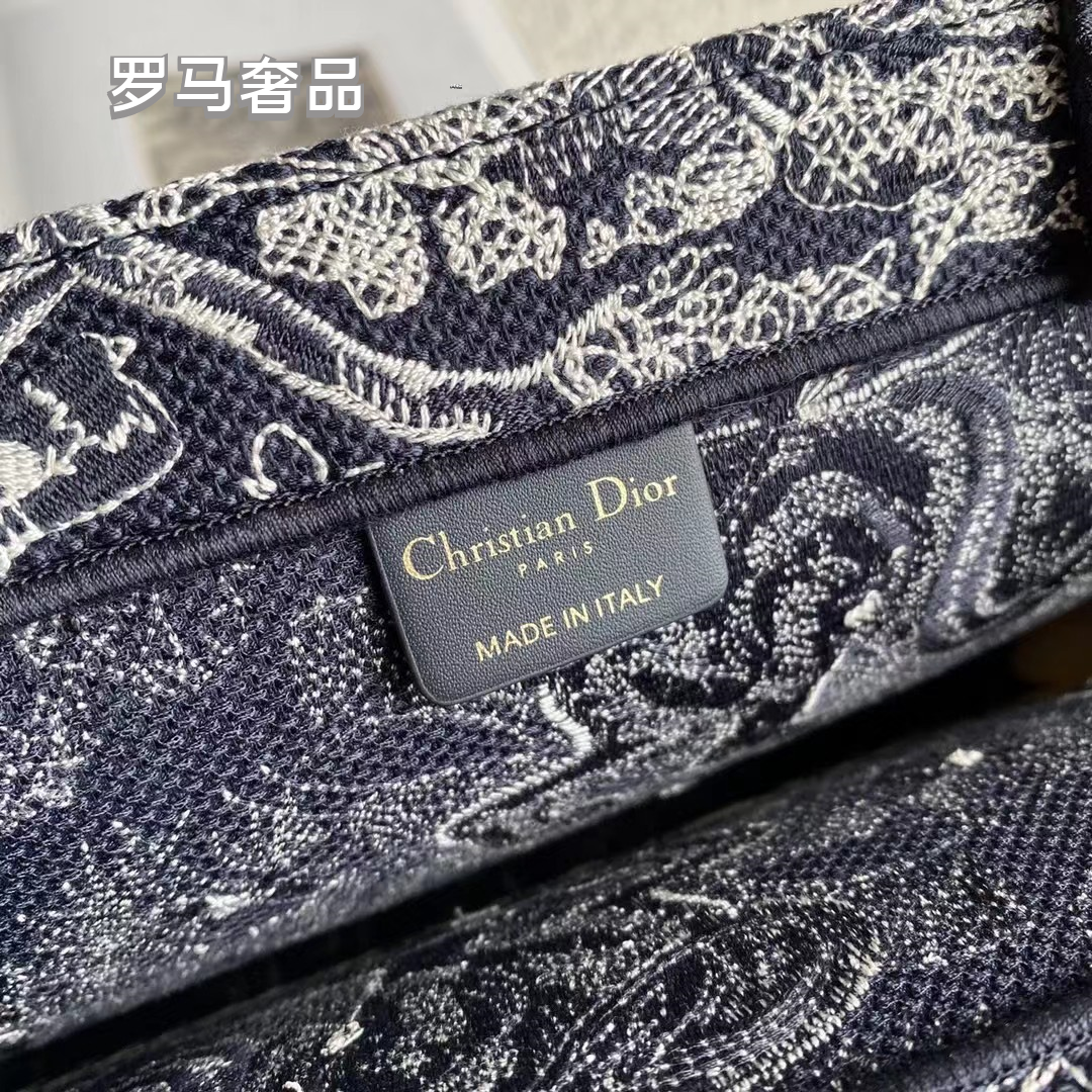 Dior Large Capacity Monochrome Embroidered Toile Canvas Tote Bag