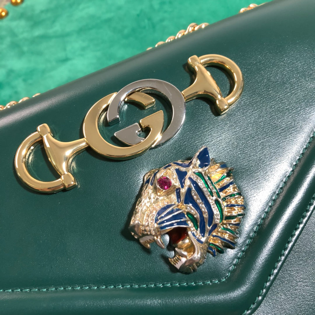 Gucci Luxury Green Leather Envelope Shoulder Bag with Tiger Head Clasp