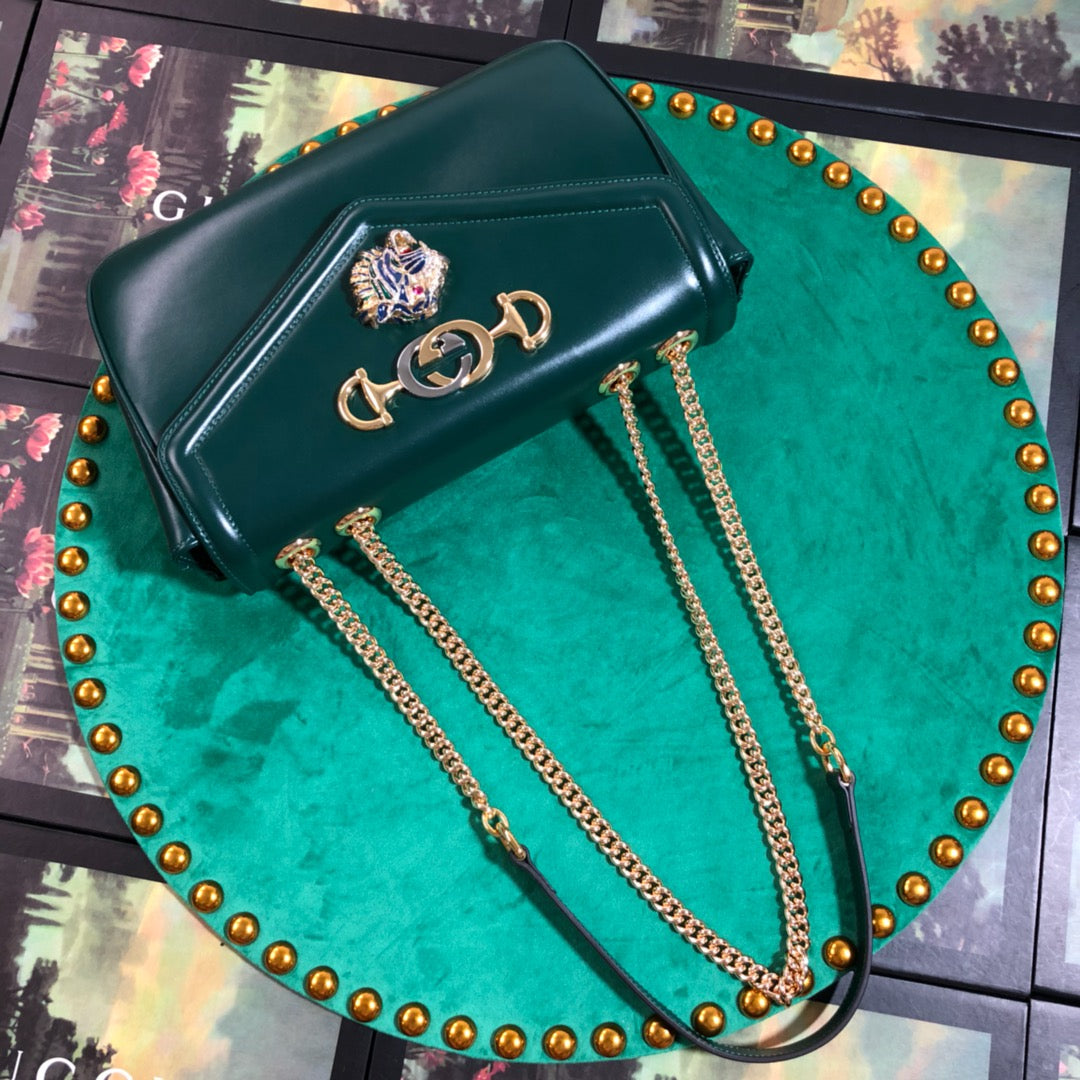 Gucci Luxury Green Leather Envelope Shoulder Bag with Tiger Head Clasp