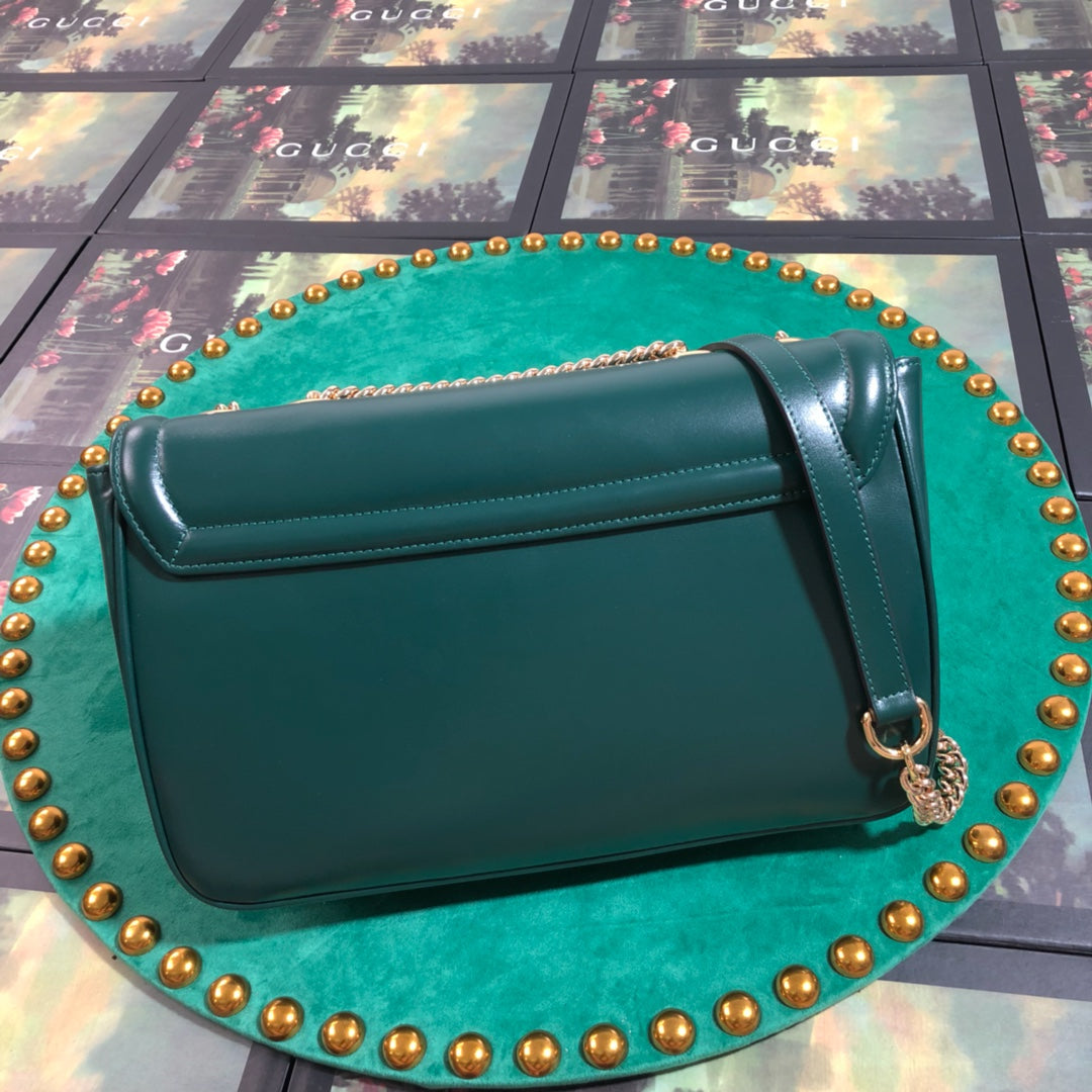 Gucci Luxury Green Leather Envelope Shoulder Bag with Tiger Head Clasp