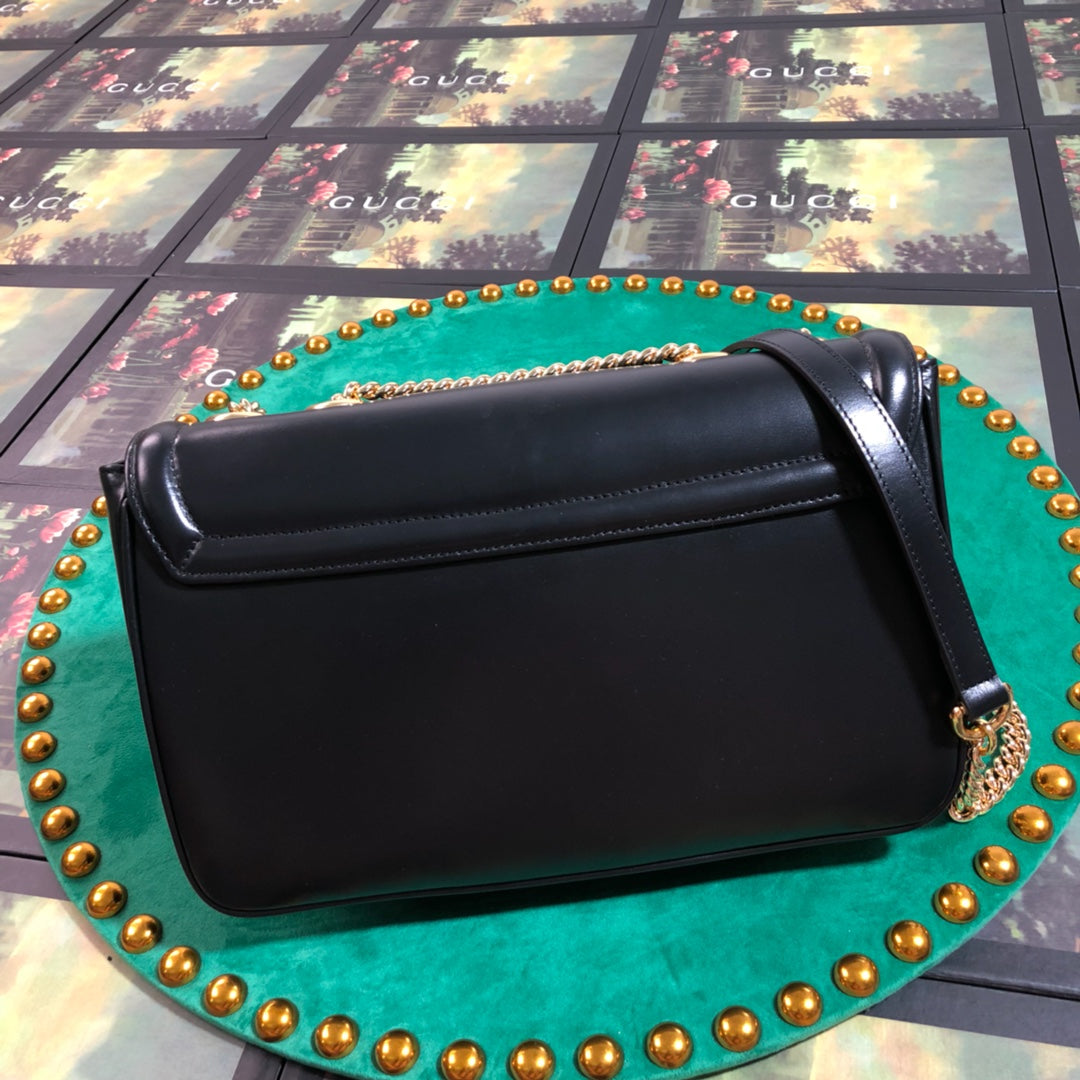 Gucci Black Leather Envelope Shoulder Bag with Tiger Head and Gold Hardware