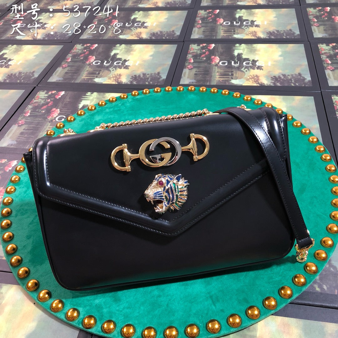 Gucci Black Leather Envelope Shoulder Bag with Tiger Head and Gold Hardware