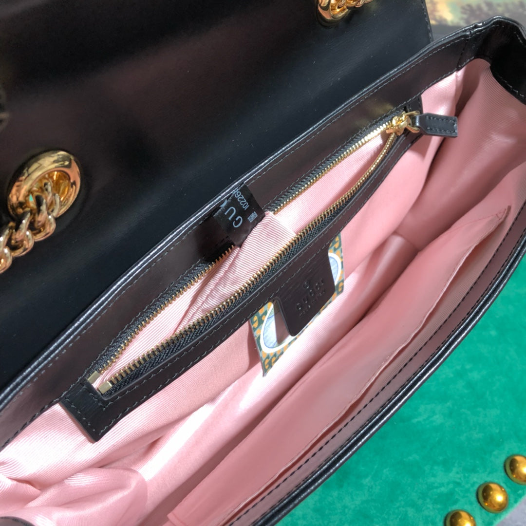 Gucci Black Leather Envelope Shoulder Bag with Tiger Head and Gold Hardware