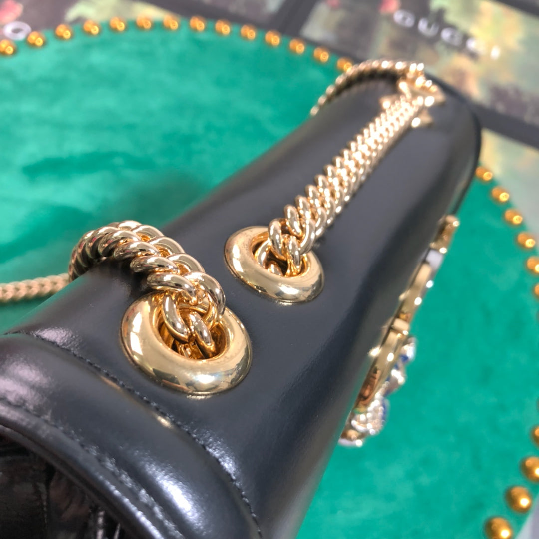 Gucci Black Leather Envelope Shoulder Bag with Tiger Head and Gold Hardware