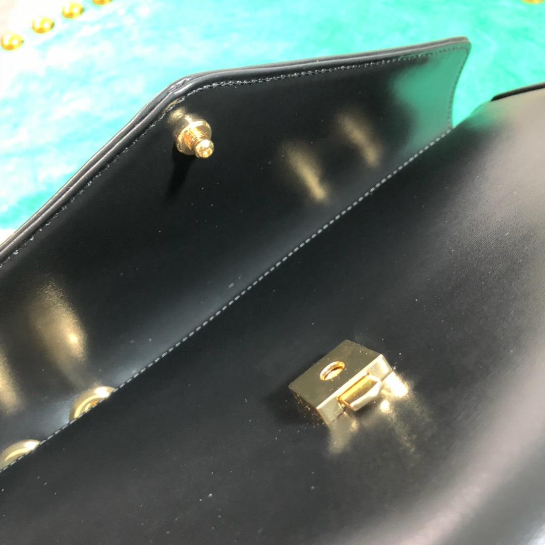 Gucci Black Leather Envelope Shoulder Bag with Tiger Head and Gold Hardware