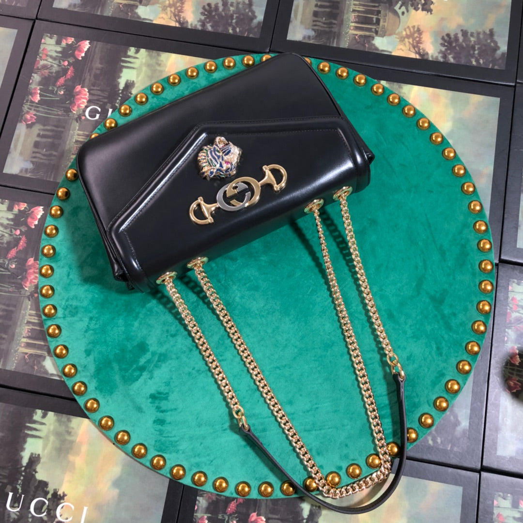 Gucci Black Leather Envelope Shoulder Bag with Tiger Head and Gold Hardware