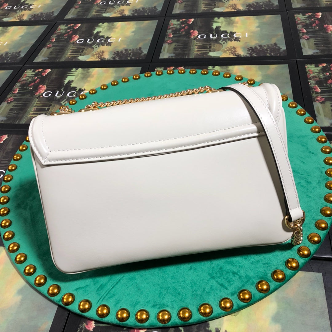 Gucci Elegant White Leather Envelope Shoulder Bag with Gold Tiger Head