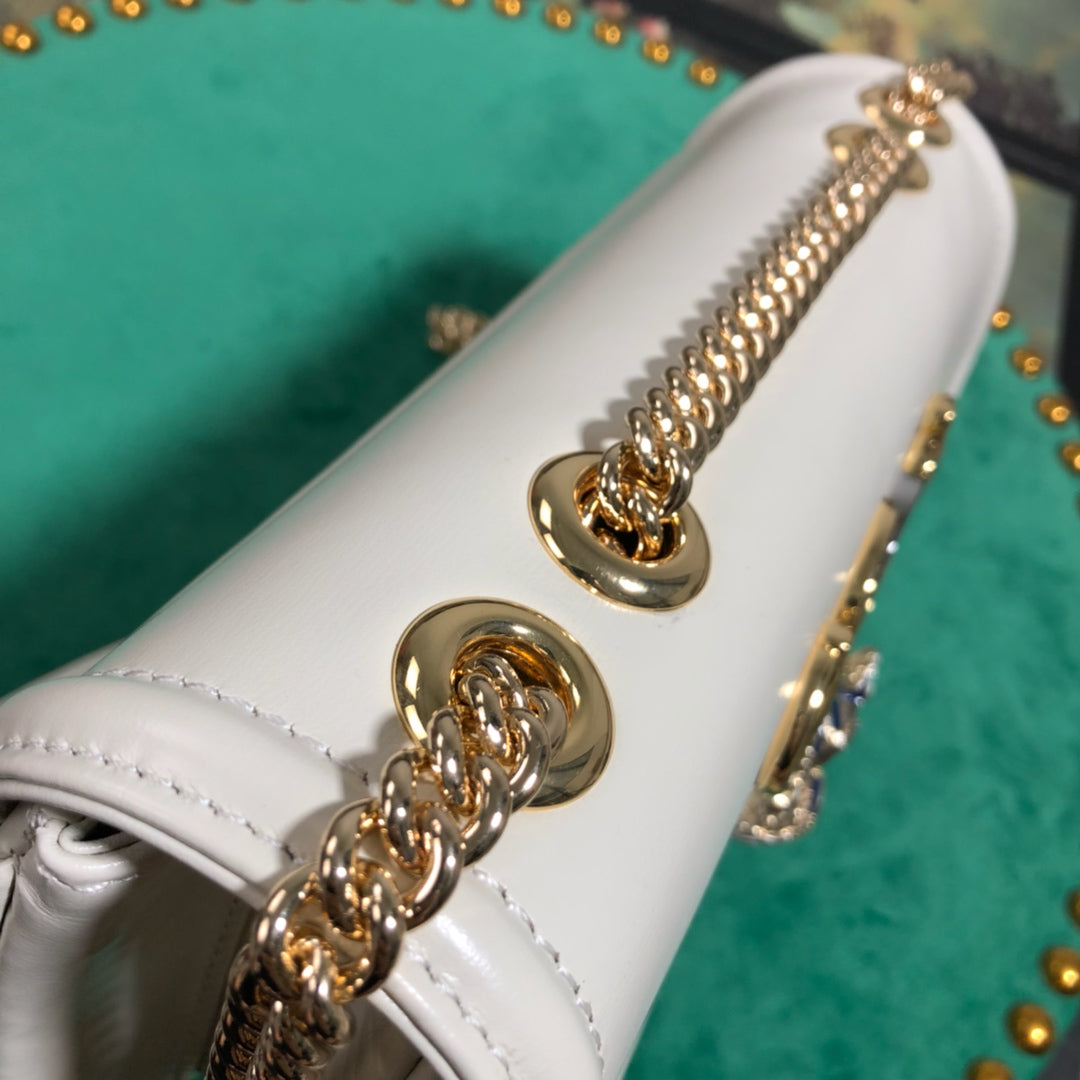 Gucci Elegant White Leather Envelope Shoulder Bag with Gold Tiger Head