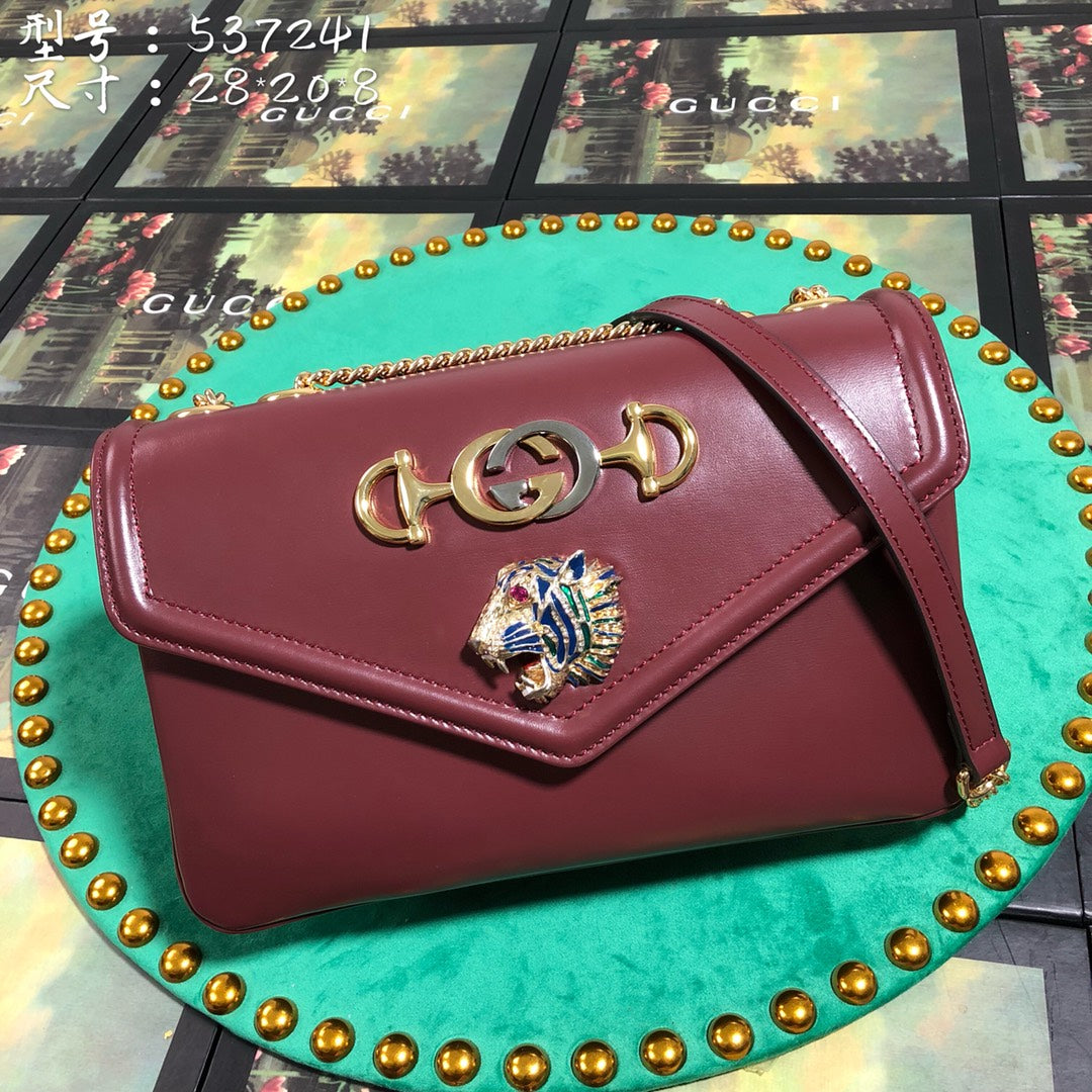 Gucci Burgundy Envelope Leather Shoulder Bag with Tiger Head Emblem