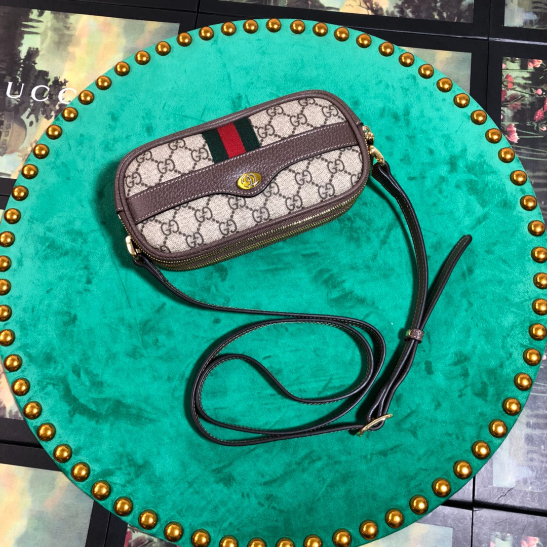 Gucci Retro Monogram Canvas Mini Crossbody Bag with Web Stripe Detail