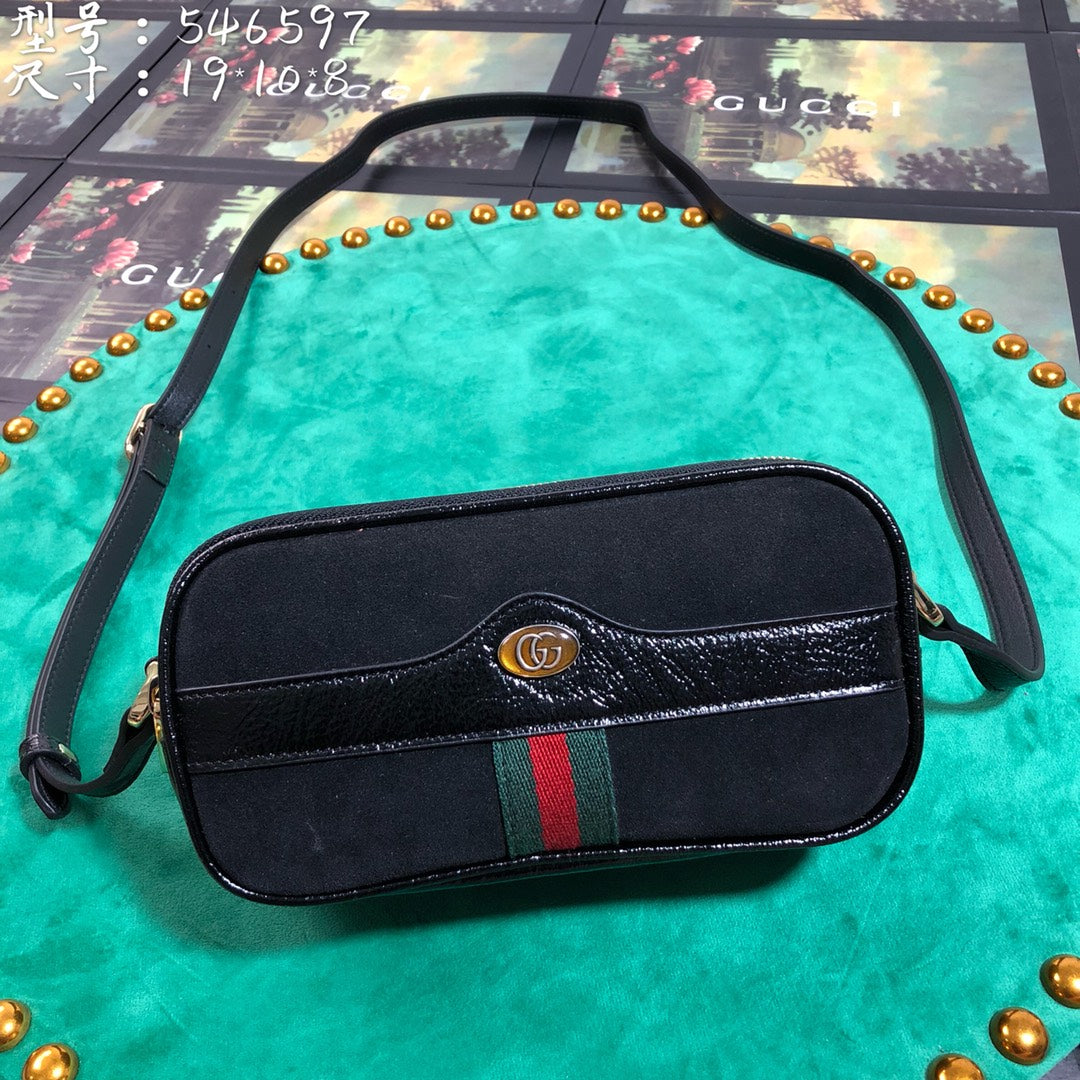 Gucci Black Canvas Crossbody Bag with Web Stripe and Gold Emblem