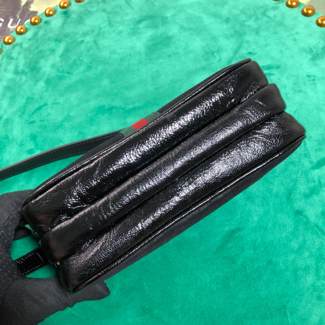 Gucci Black Canvas Crossbody Bag with Web Stripe and Gold Emblem