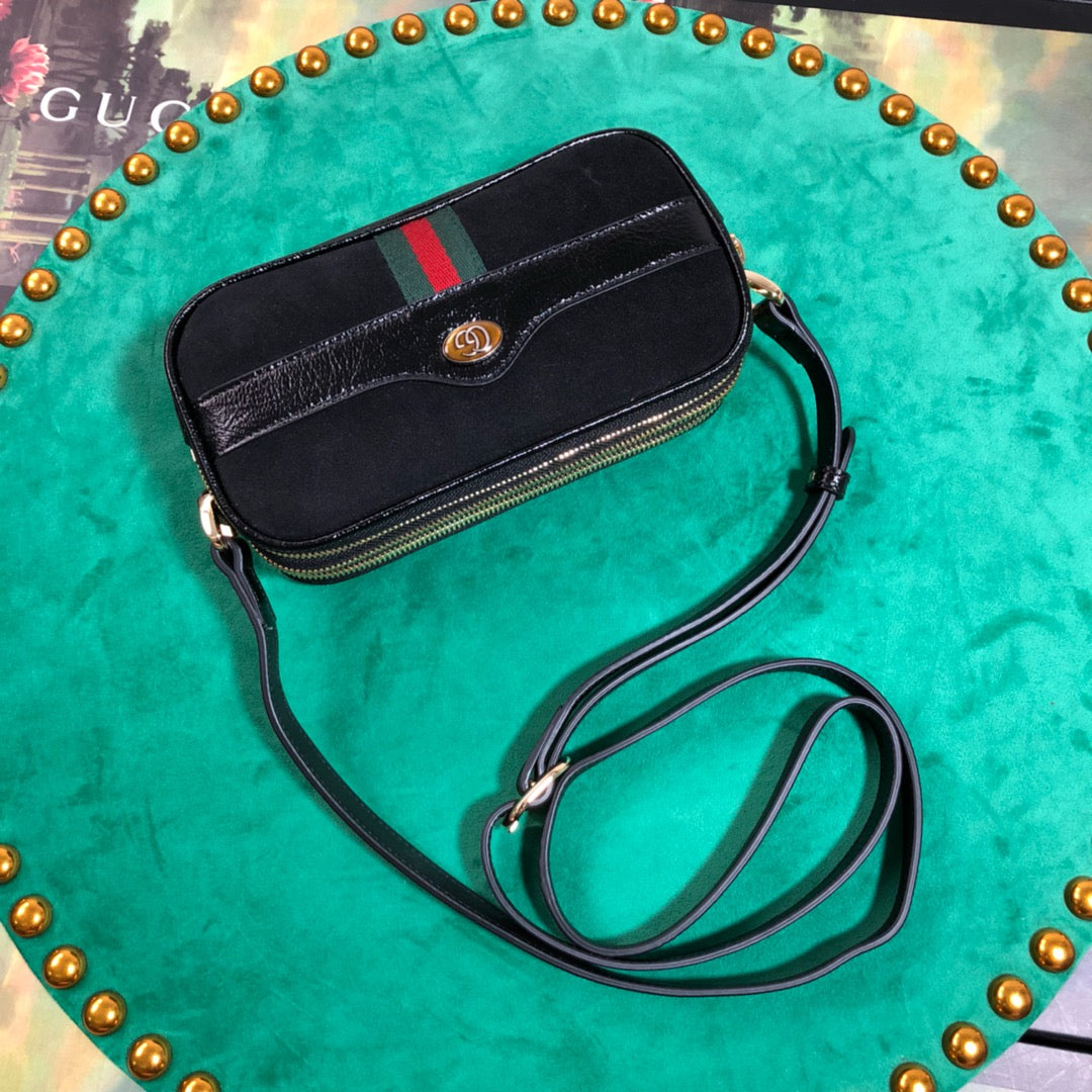 Gucci Black Canvas Crossbody Bag with Web Stripe and Gold Emblem