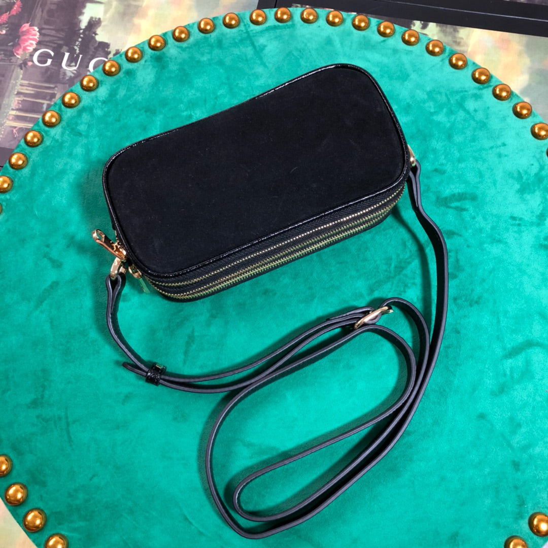 Gucci Black Canvas Crossbody Bag with Web Stripe and Gold Emblem
