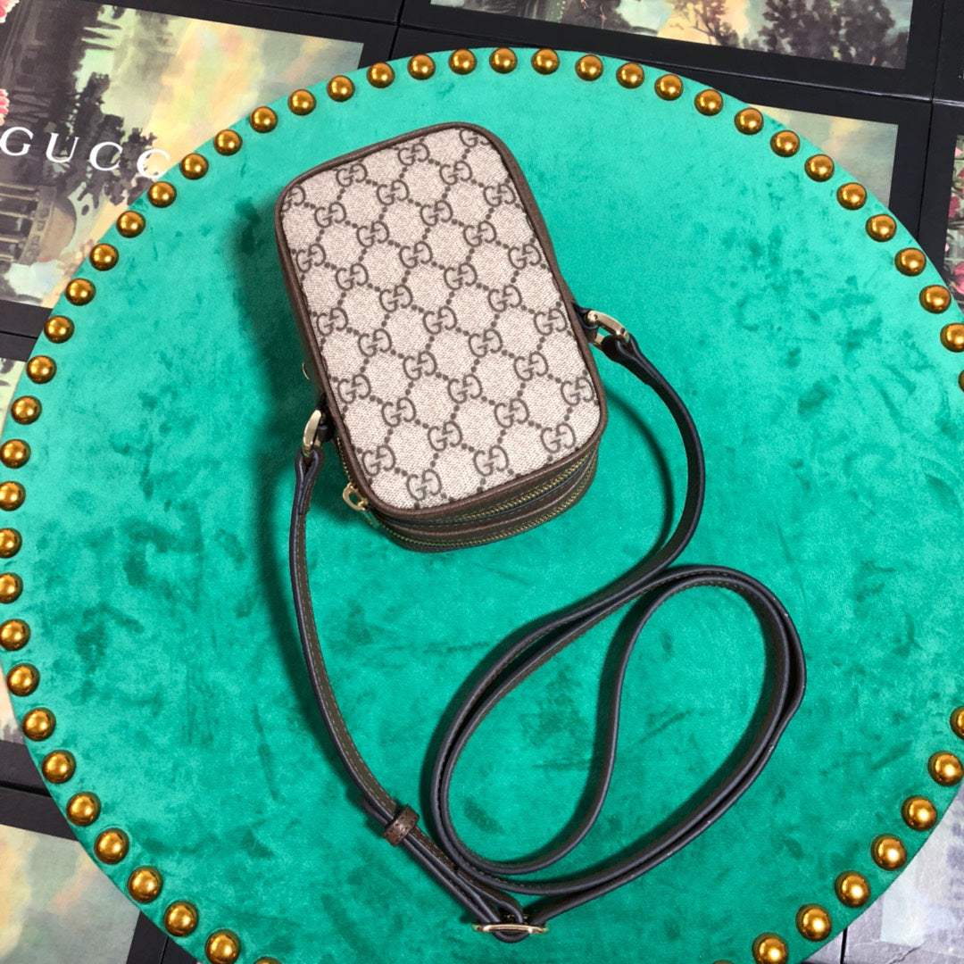 Gucci Vintage Monogram Canvas Crossbody Bag with Red and Green Stripe