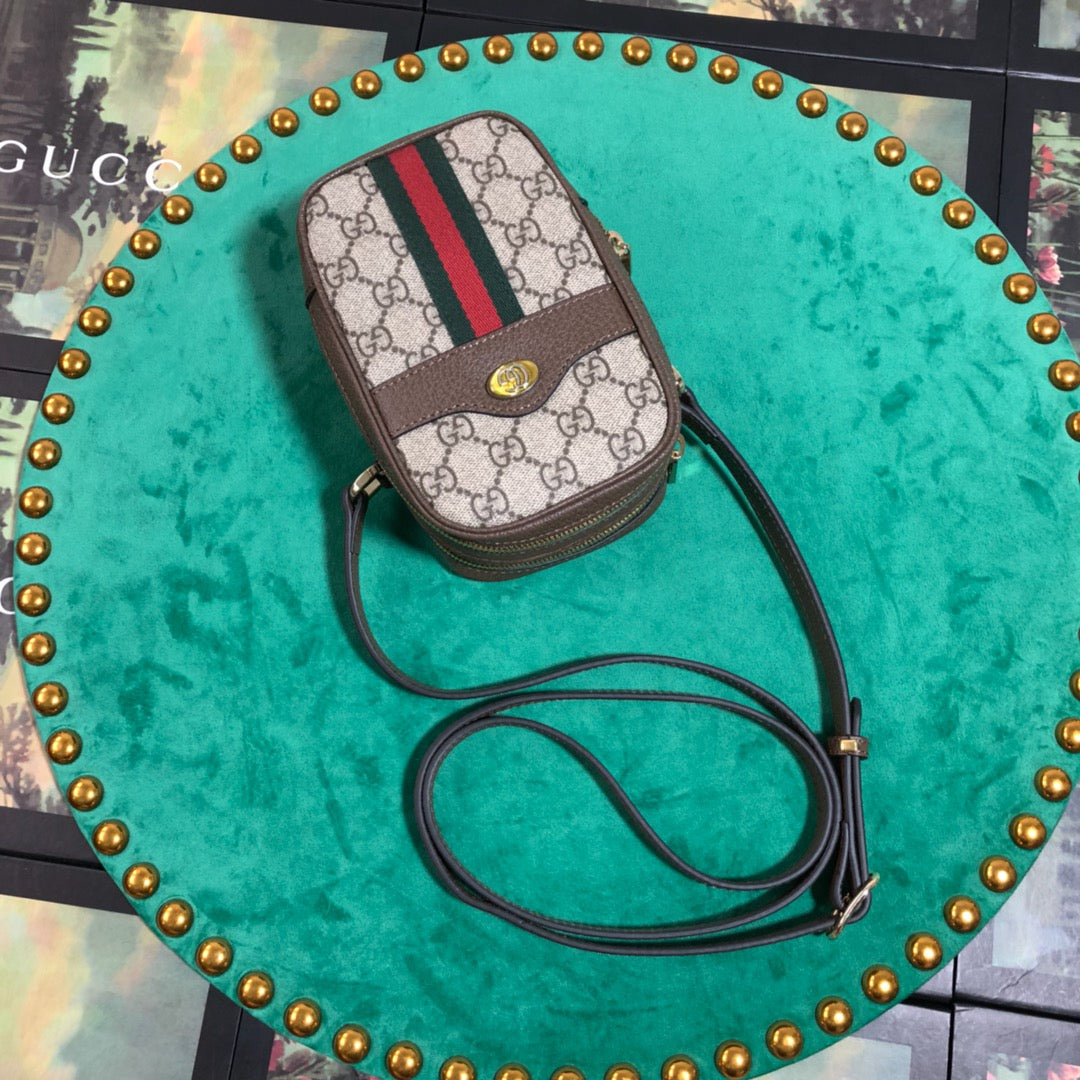 Gucci Vintage Monogram Canvas Crossbody Bag with Red and Green Stripe