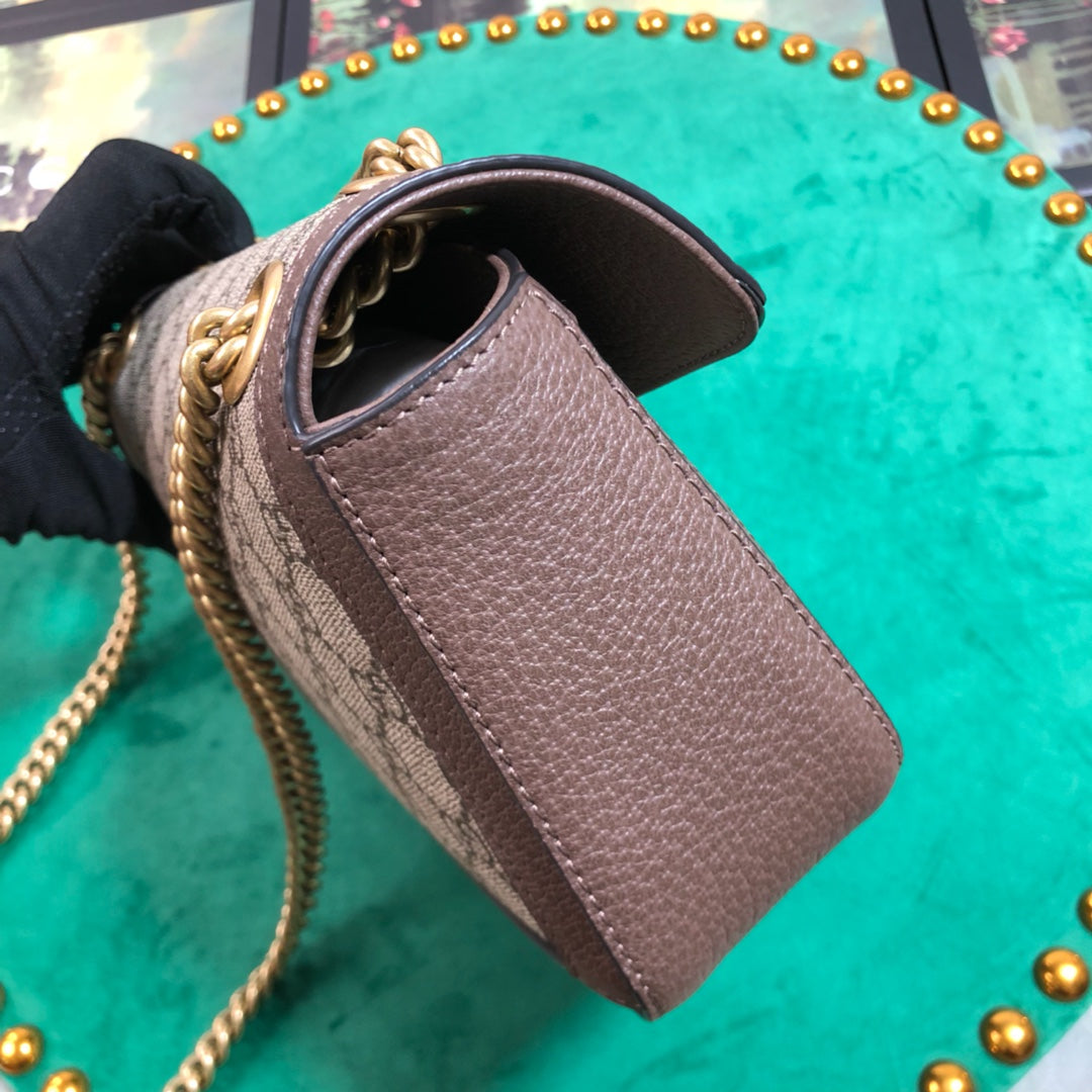 Gucci Vintage Monogram Flap Shoulder Bag with Gold Chain and Brown Leather Trim