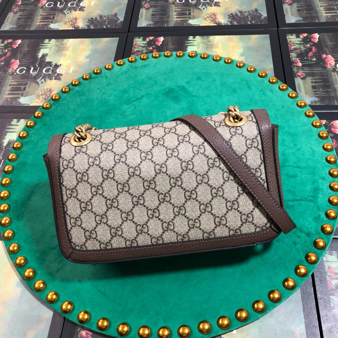 Gucci Vintage Monogram Flap Shoulder Bag with Gold Chain and Brown Leather Trim
