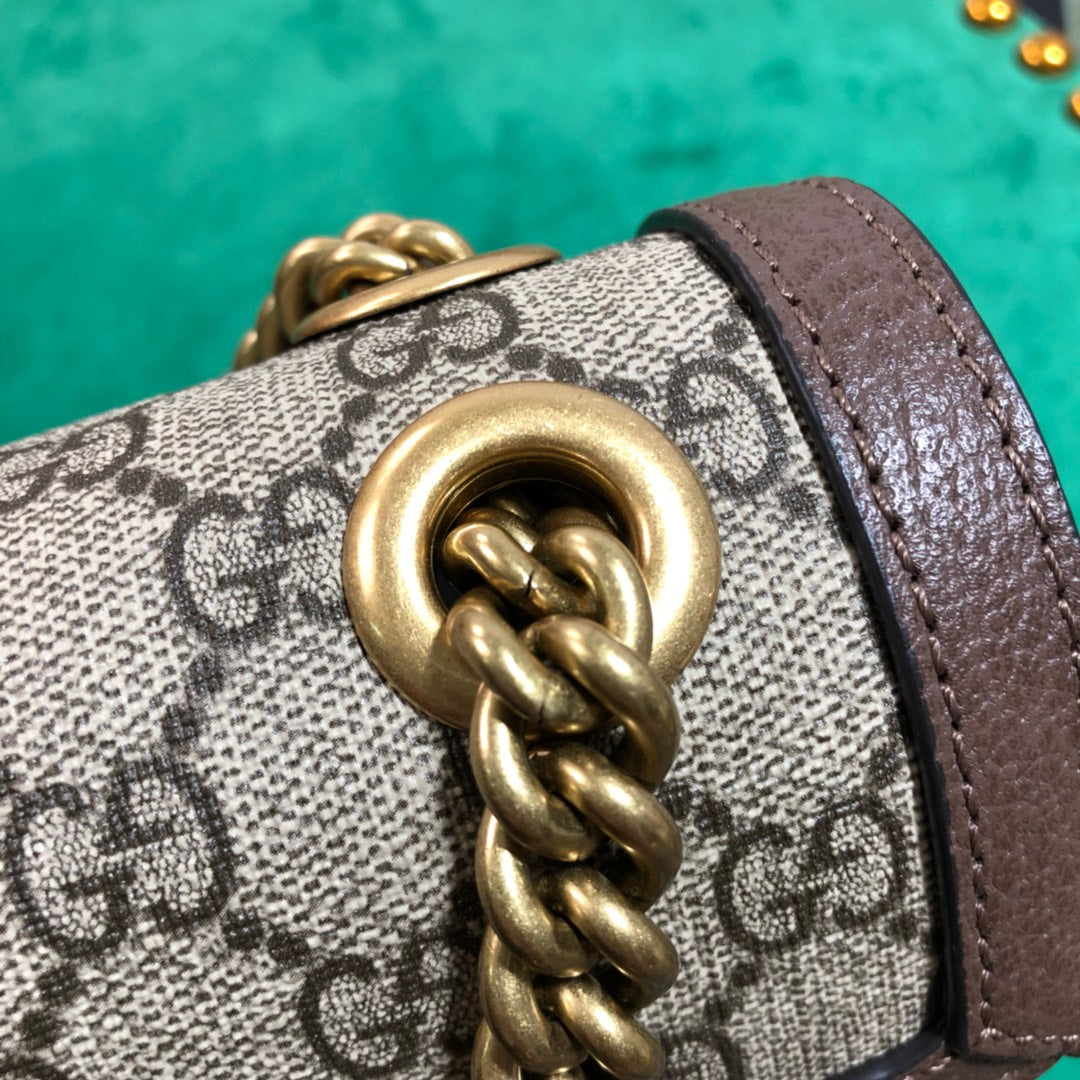 Gucci Vintage Monogram Flap Shoulder Bag with Gold Chain and Brown Leather Trim