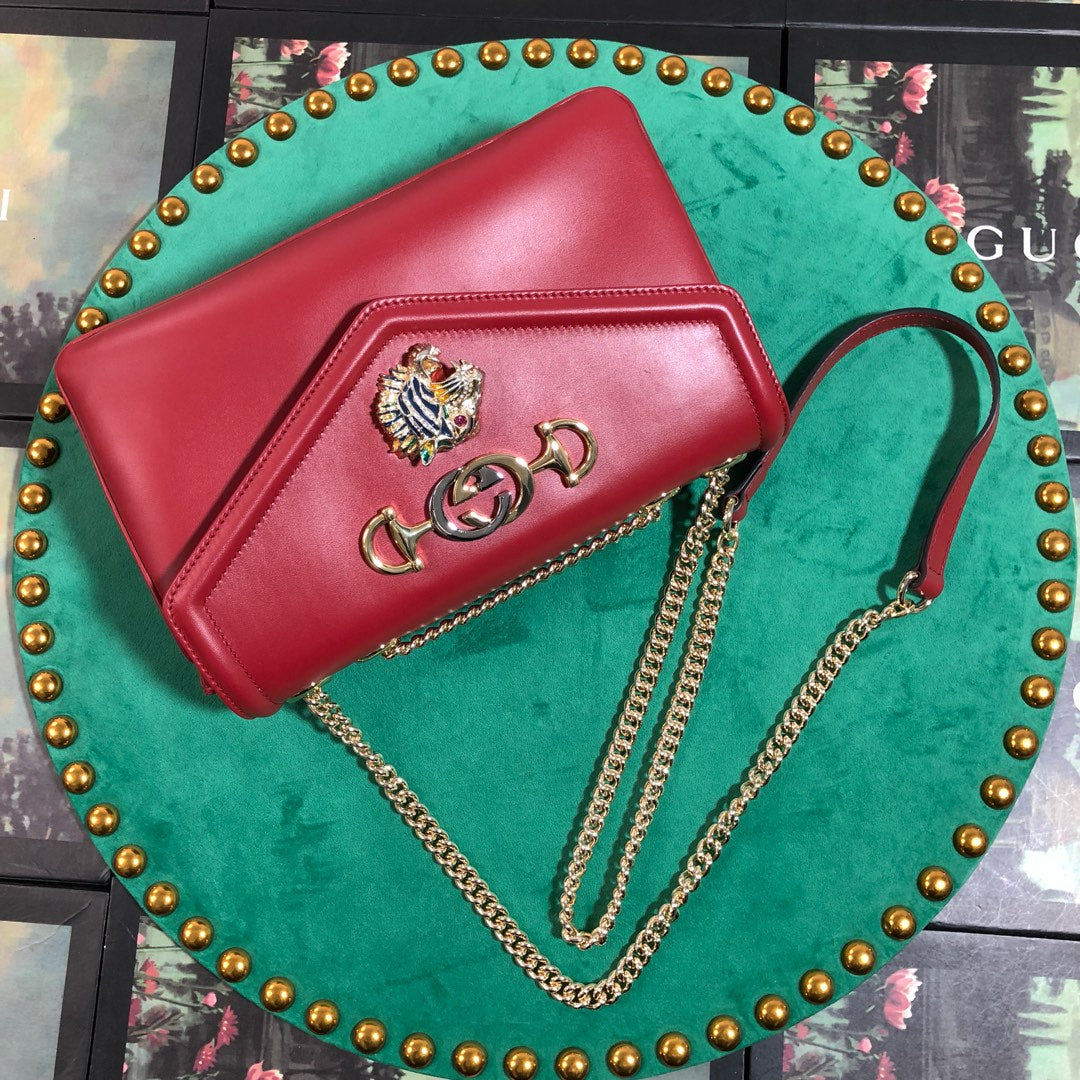 Gucci Luxury Red Leather Envelope Shoulder Bag with Gold Tiger Head Hardware