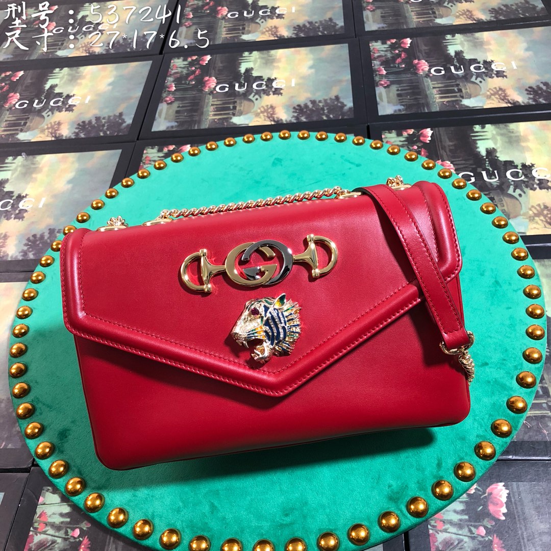 Gucci Luxury Red Leather Envelope Shoulder Bag with Gold Tiger Head Hardware