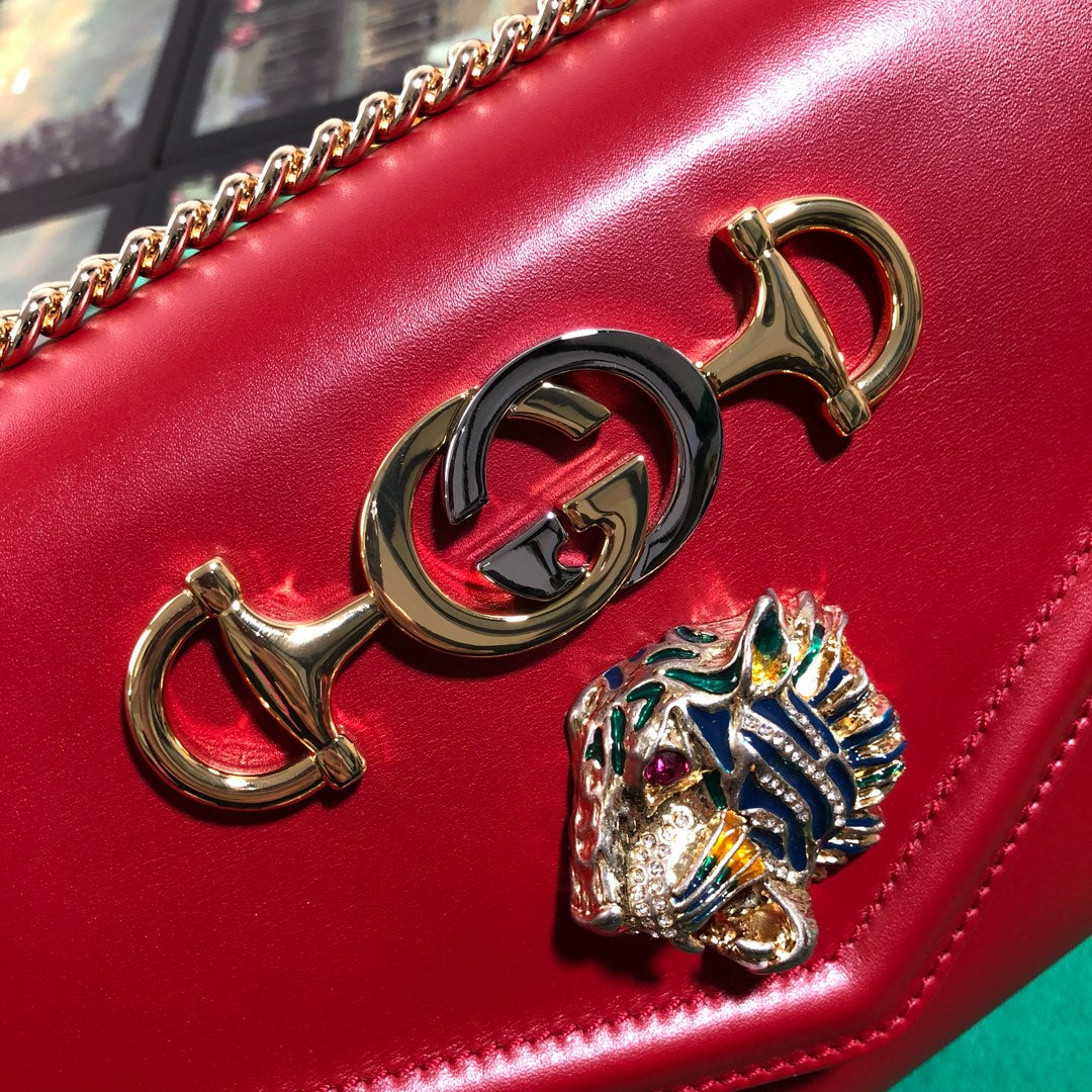 Gucci Luxury Red Leather Envelope Shoulder Bag with Gold Tiger Head Hardware