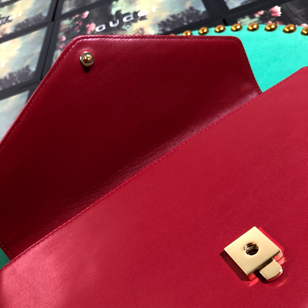 Gucci Luxury Red Leather Envelope Shoulder Bag with Gold Tiger Head Hardware