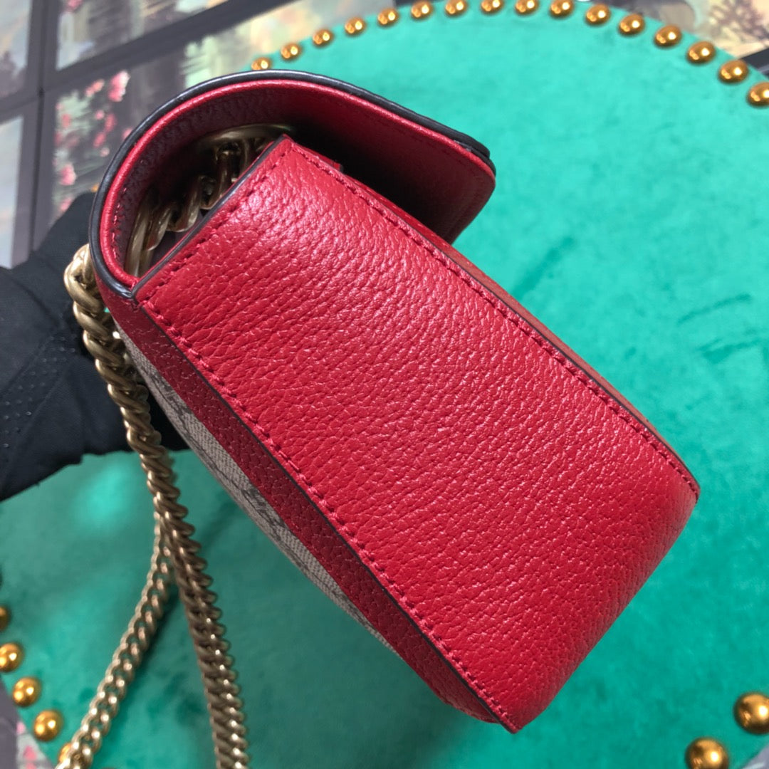Gucci Vintage Monogram Canvas Shoulder Handbag with Red Trim and Gold Chain